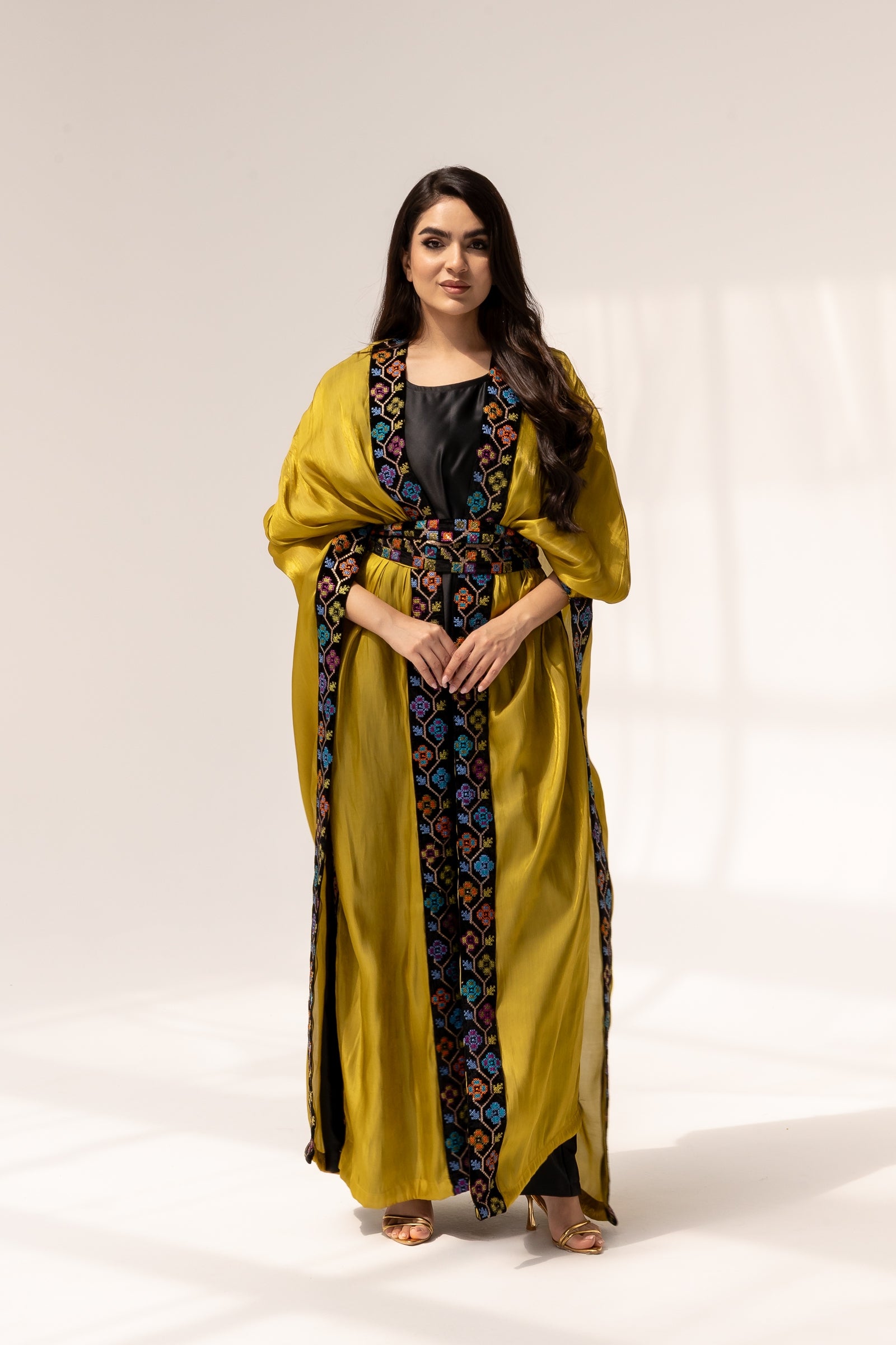 Mustard Embroidered Open Abaya