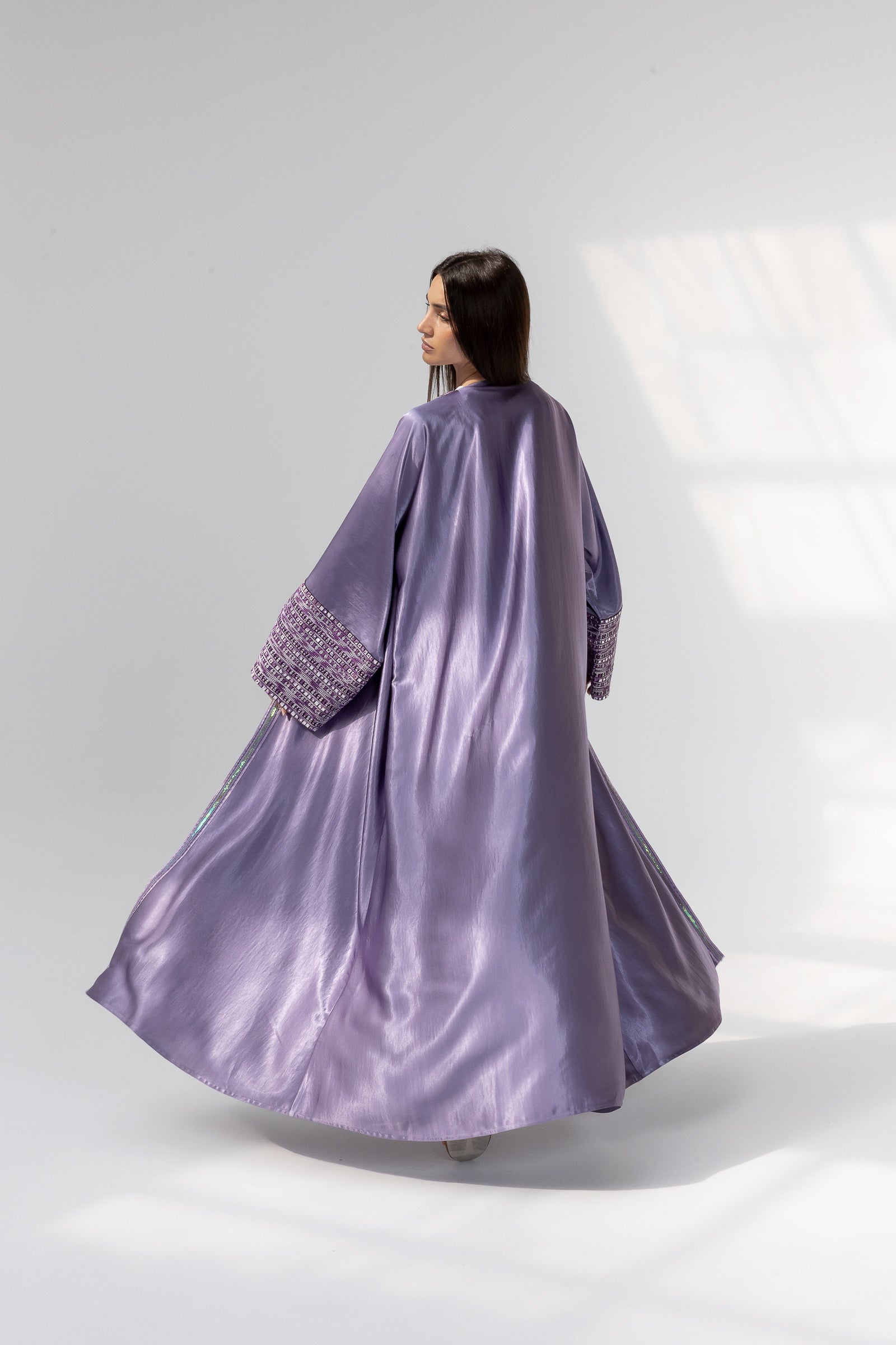 Lilac Satin Abaya with Embroidery