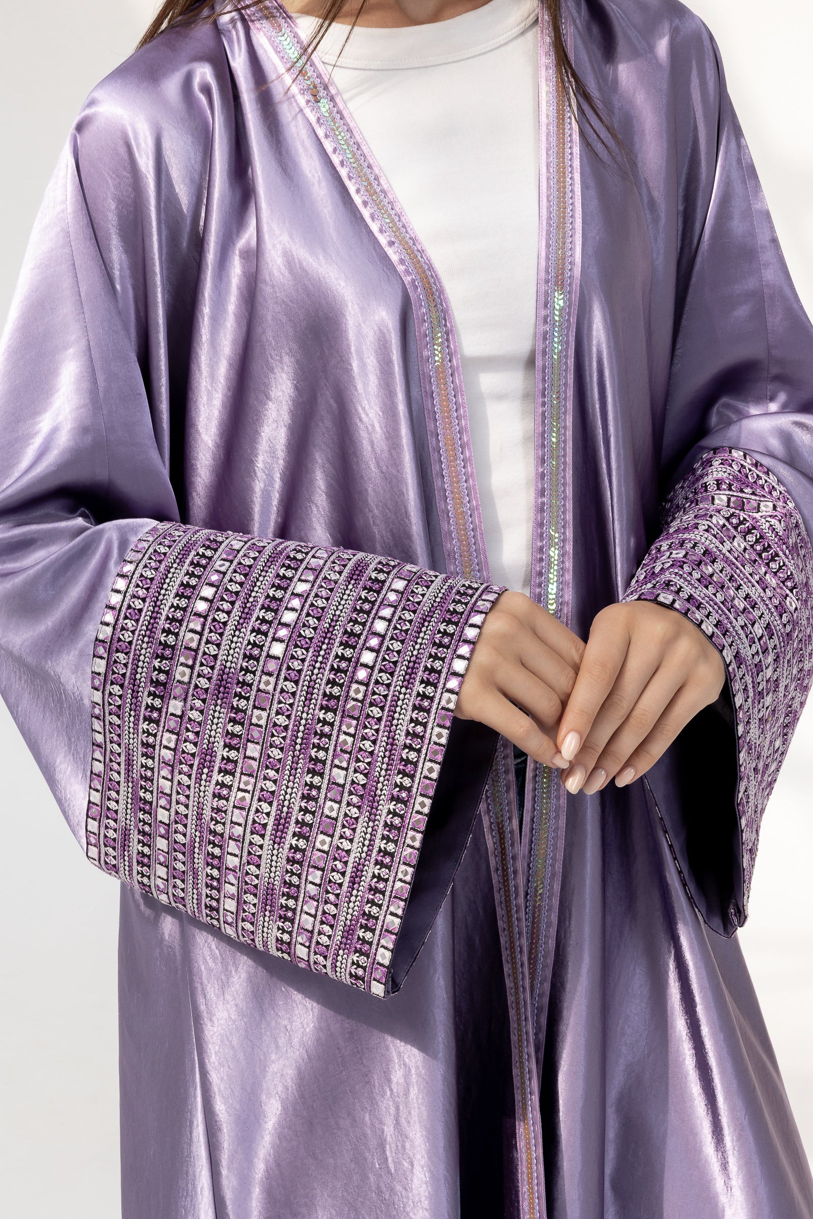 Lilac Satin Abaya with Embroidery
