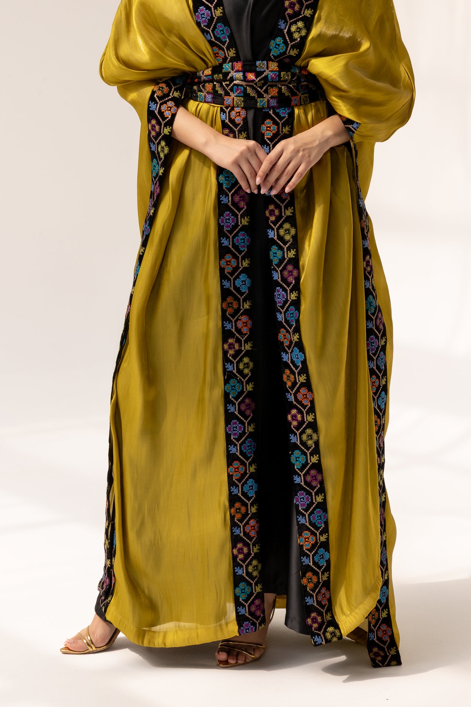 Mustard Embroidered Open Abaya