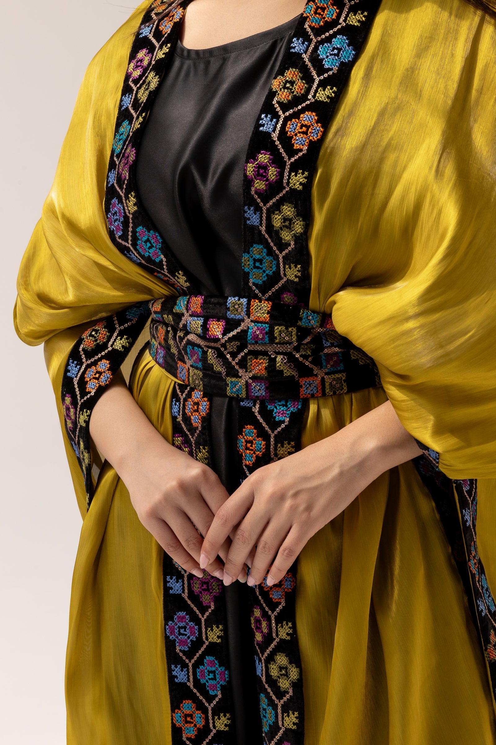 Mustard Embroidered Open Abaya