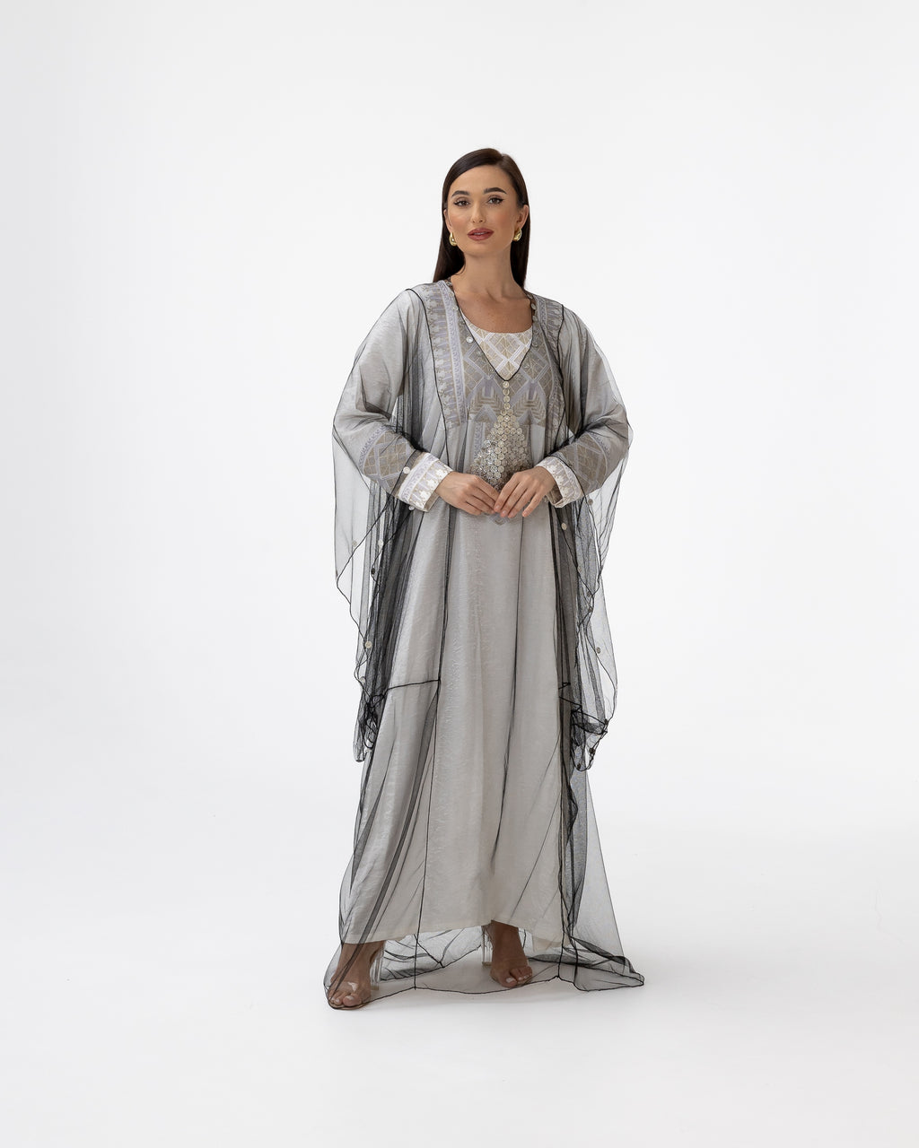 Ivory Kaftan with Sheer Overlay and Coins Details