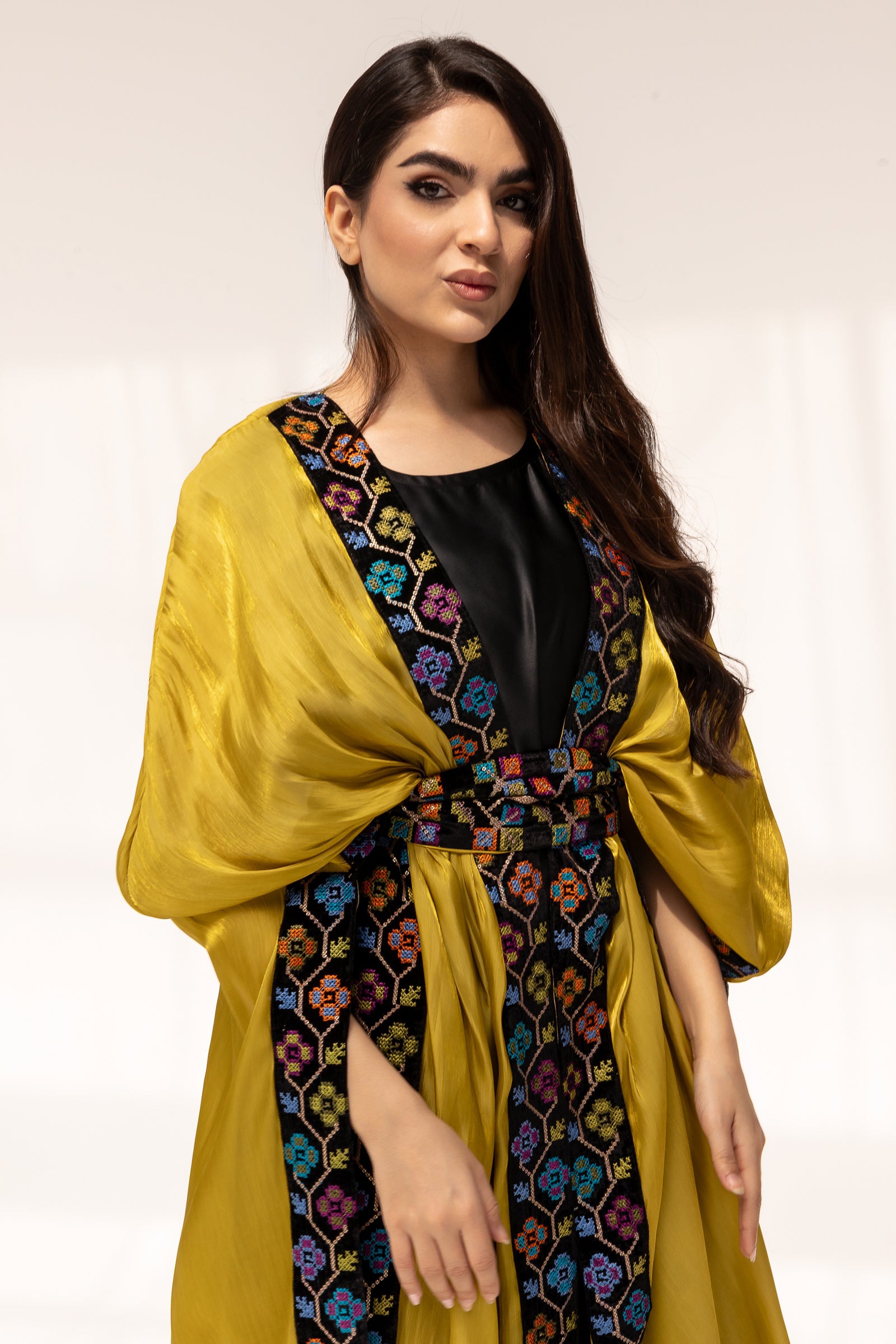 Mustard Embroidered Open Abaya