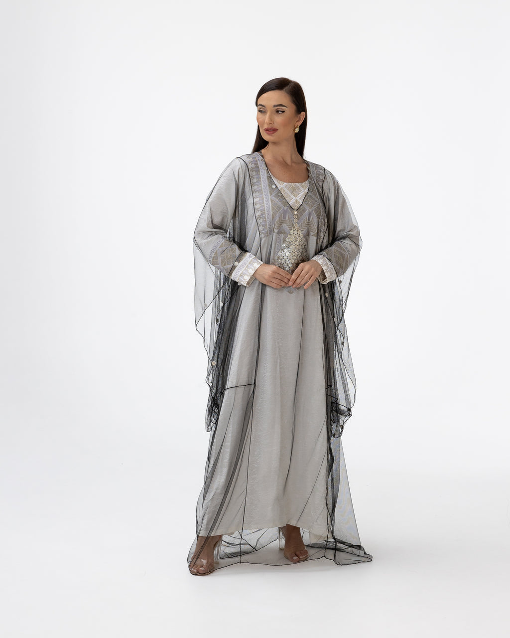 Ivory Kaftan with Sheer Overlay and Coins Details