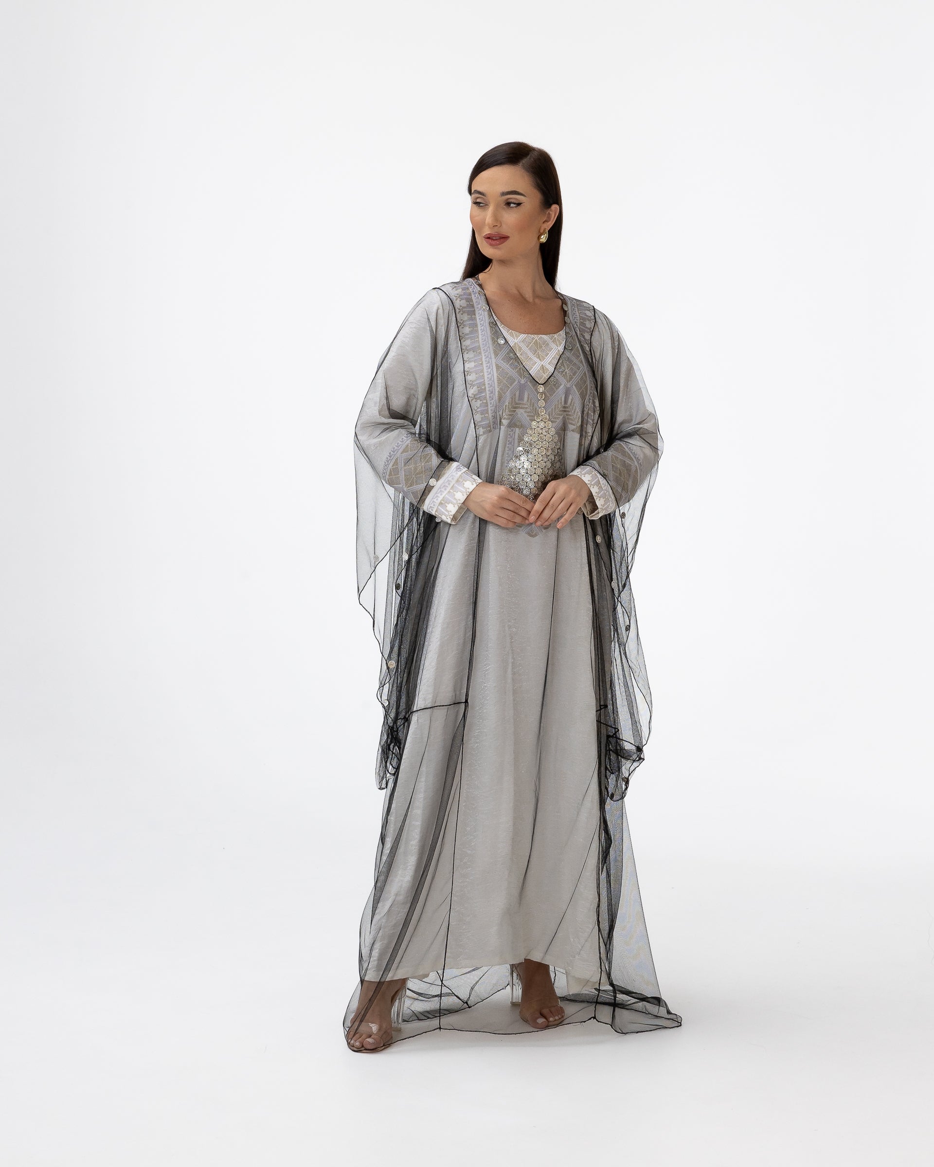 Ivory Kaftan with Sheer Overlay and Coins Details