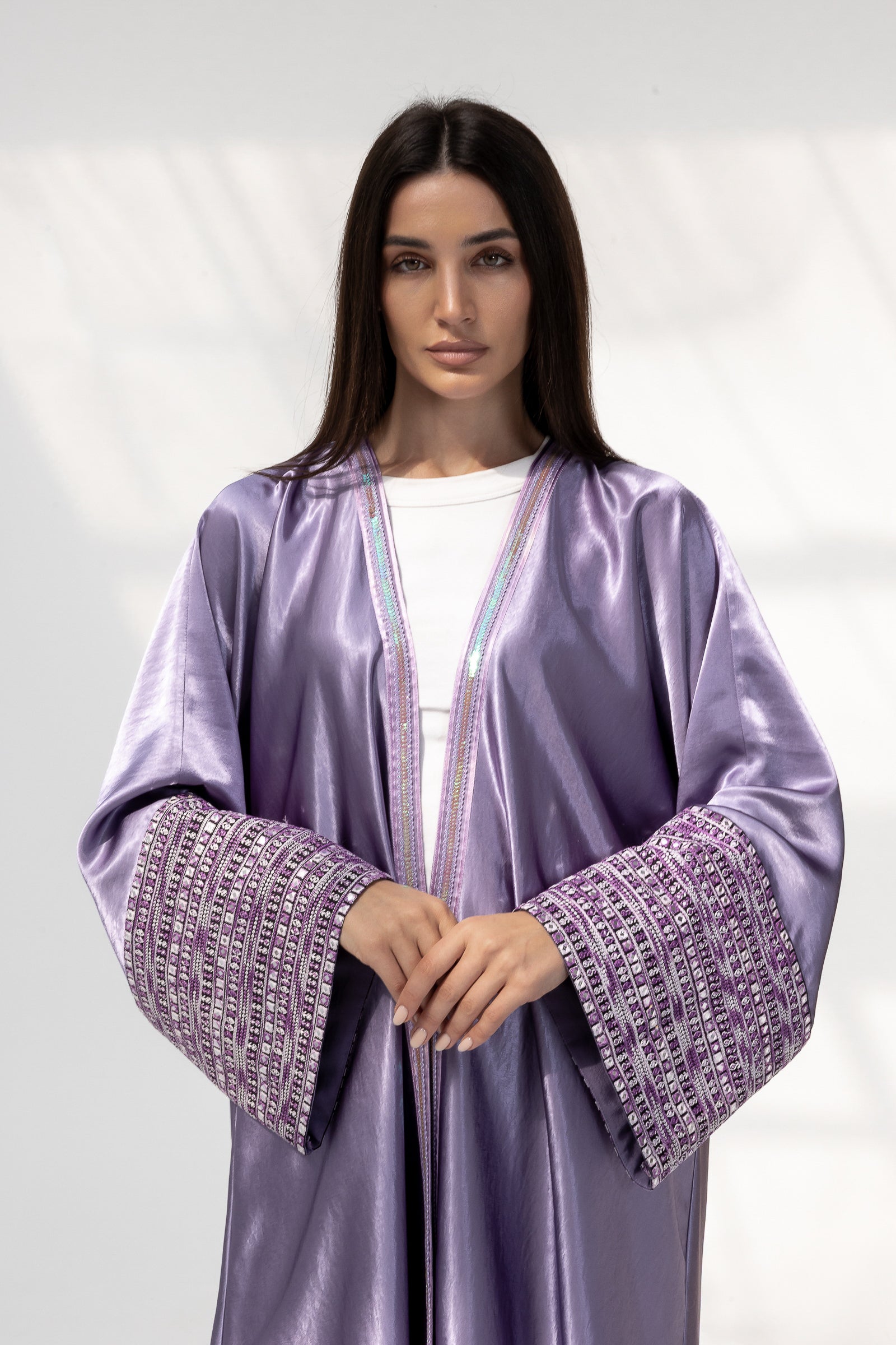 Lilac Satin Abaya with Embroidery
