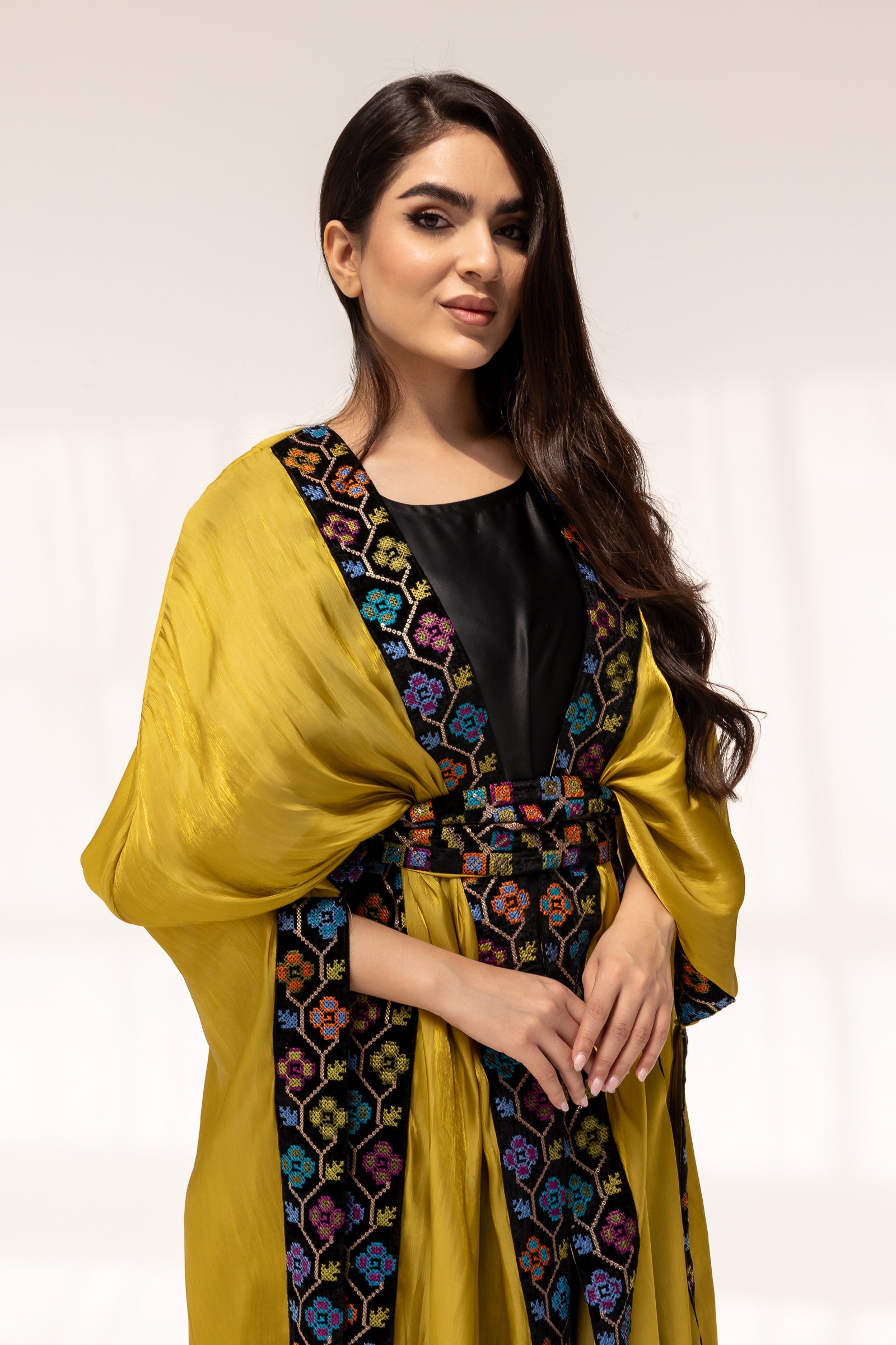 Mustard Embroidered Open Abaya