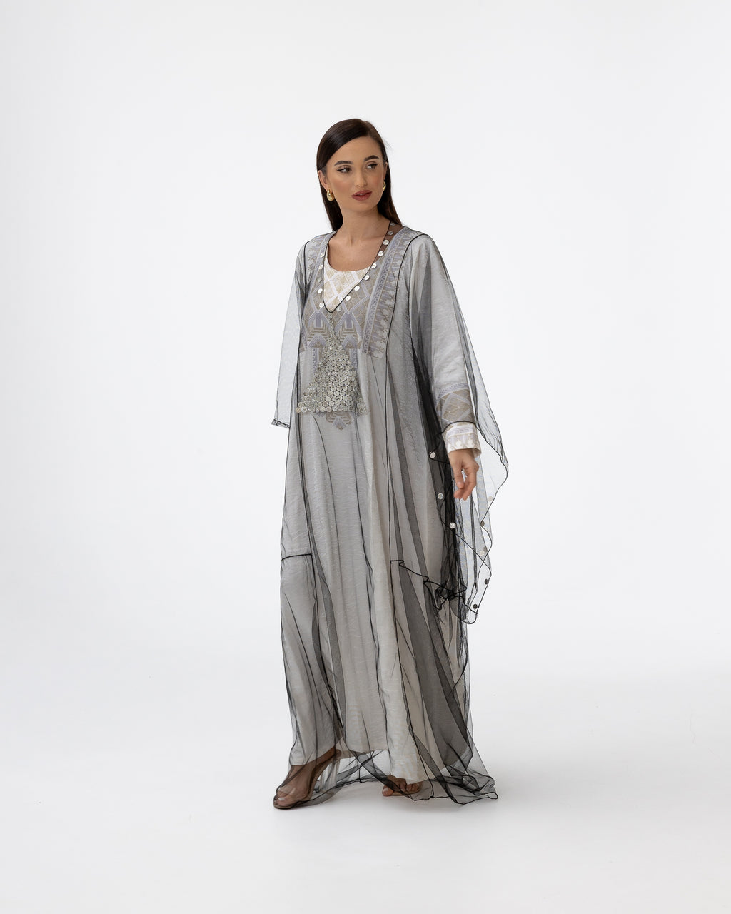 Ivory Kaftan with Sheer Overlay and Coins Details