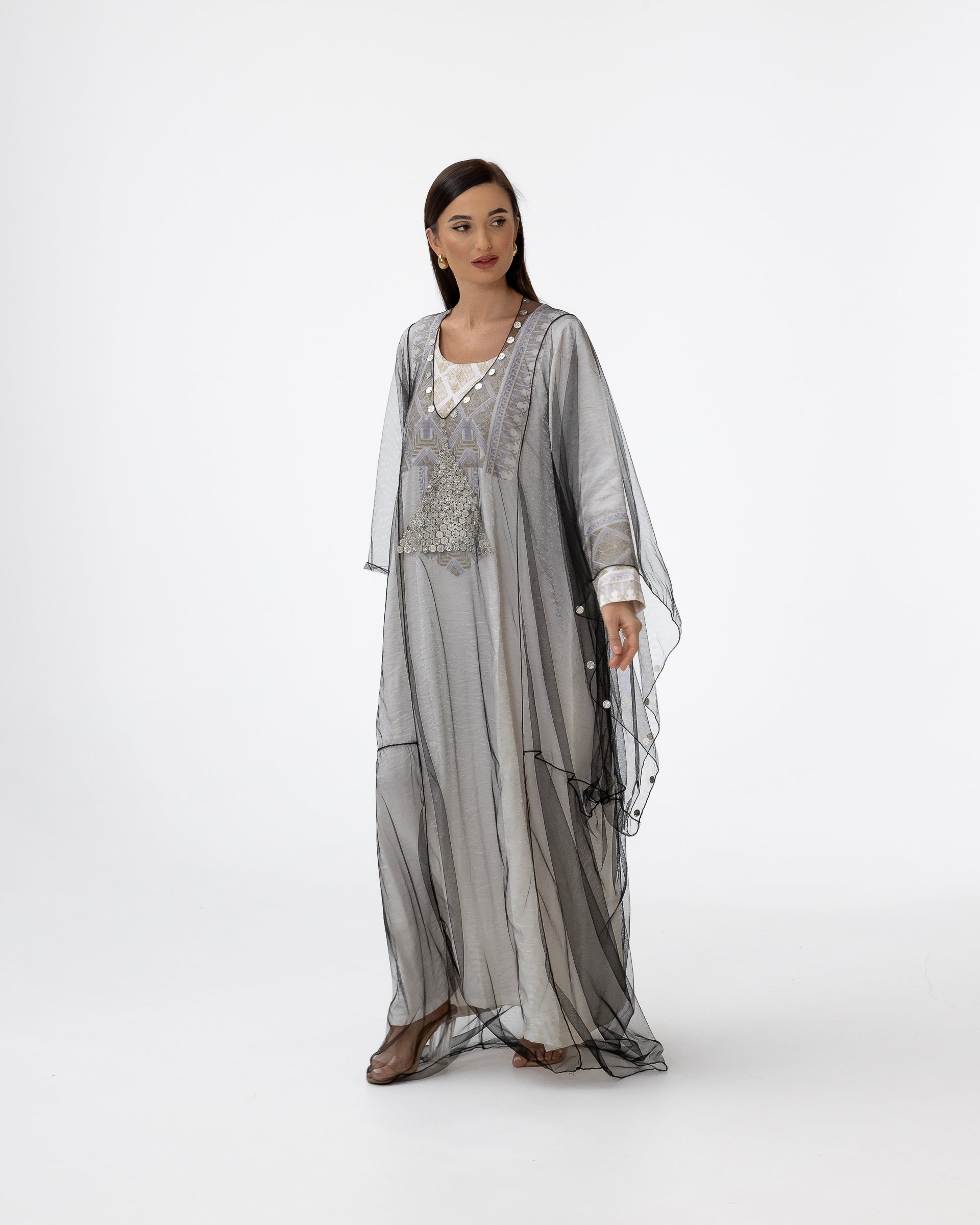 Ivory Kaftan with Sheer Overlay and Coins Details