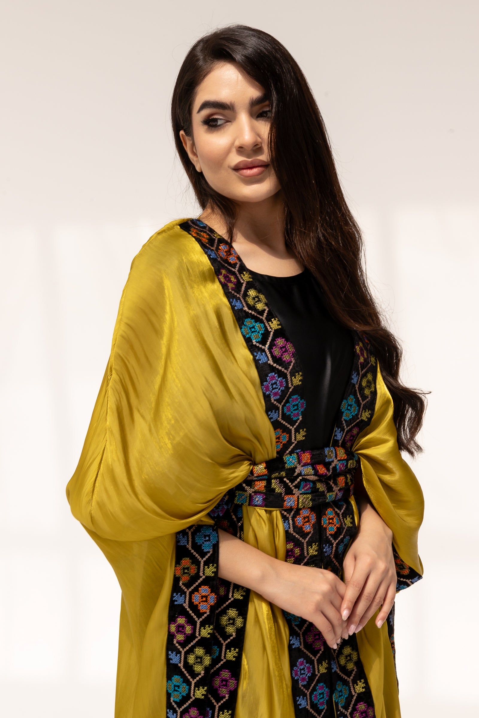 Mustard Embroidered Open Abaya