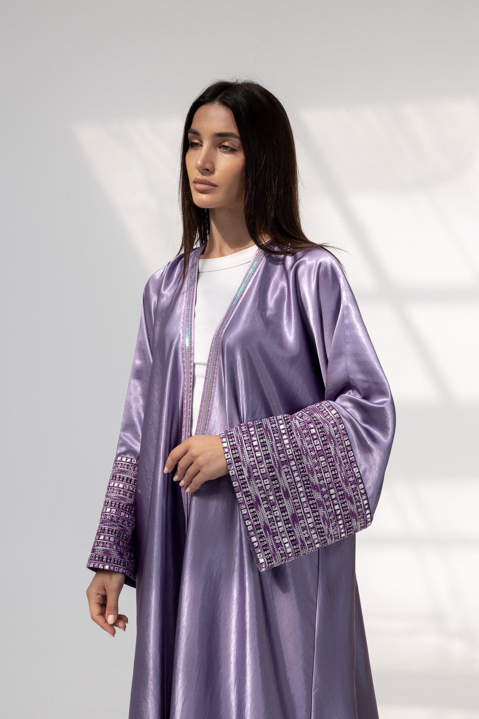 Lilac Satin Abaya with Embroidery