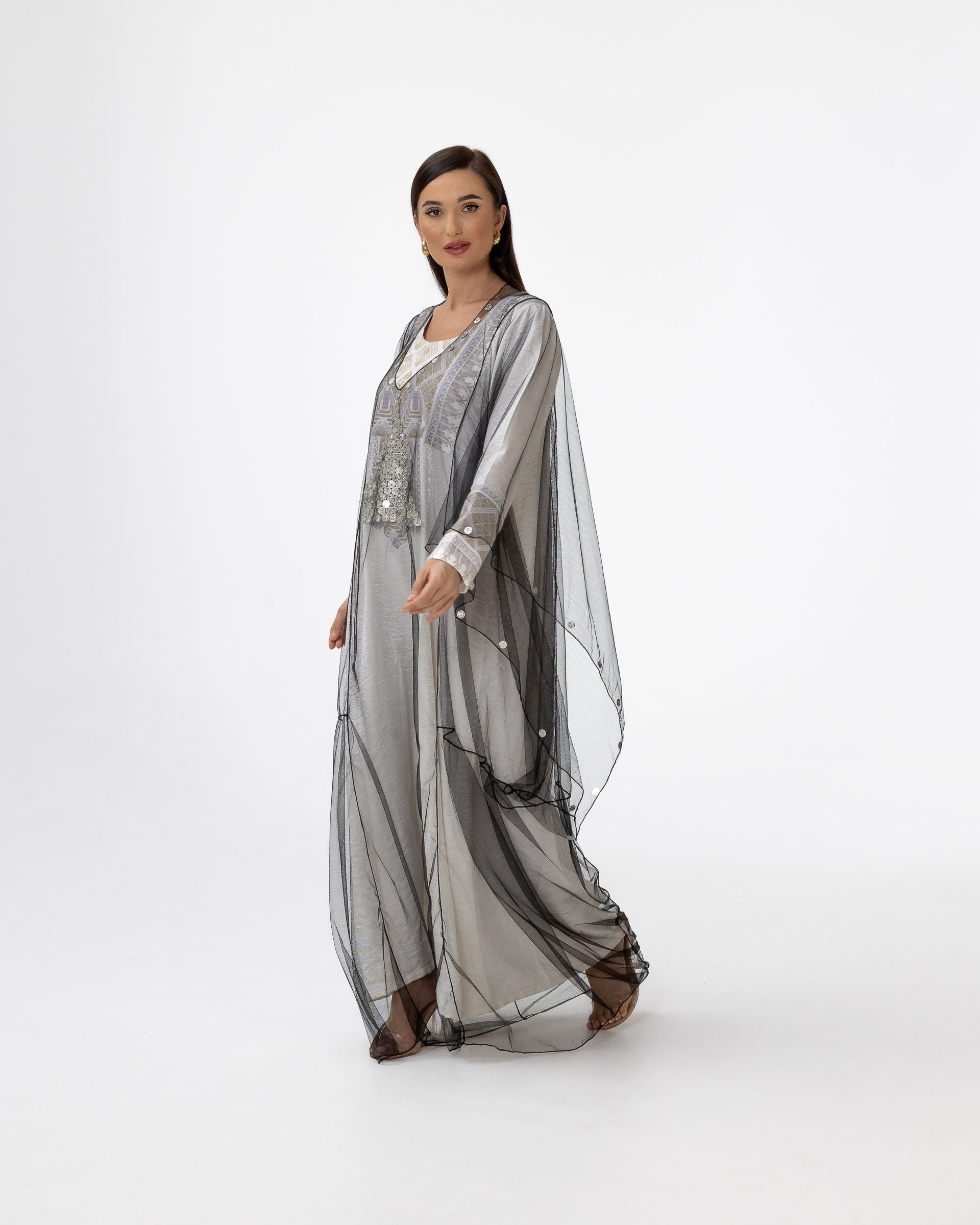 Ivory Kaftan with Sheer Overlay and Coins Details