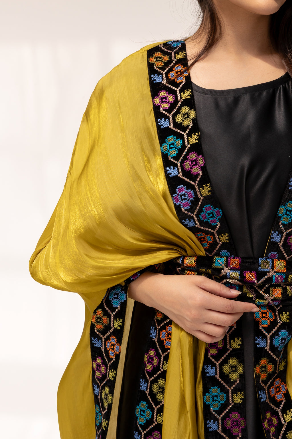 Mustard Embroidered Open Abaya