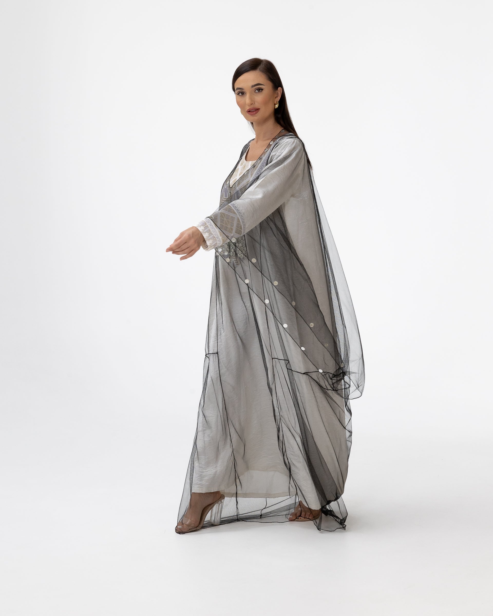 Ivory Kaftan with Sheer Overlay and Coins Details