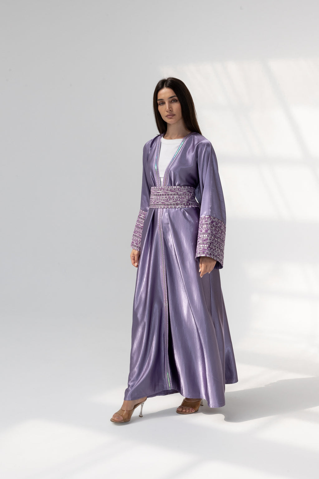 Lilac Satin Abaya with Embroidery