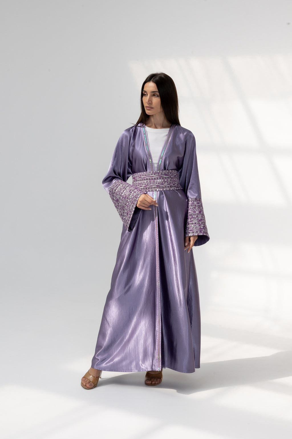 Lilac Satin Abaya with Embroidery