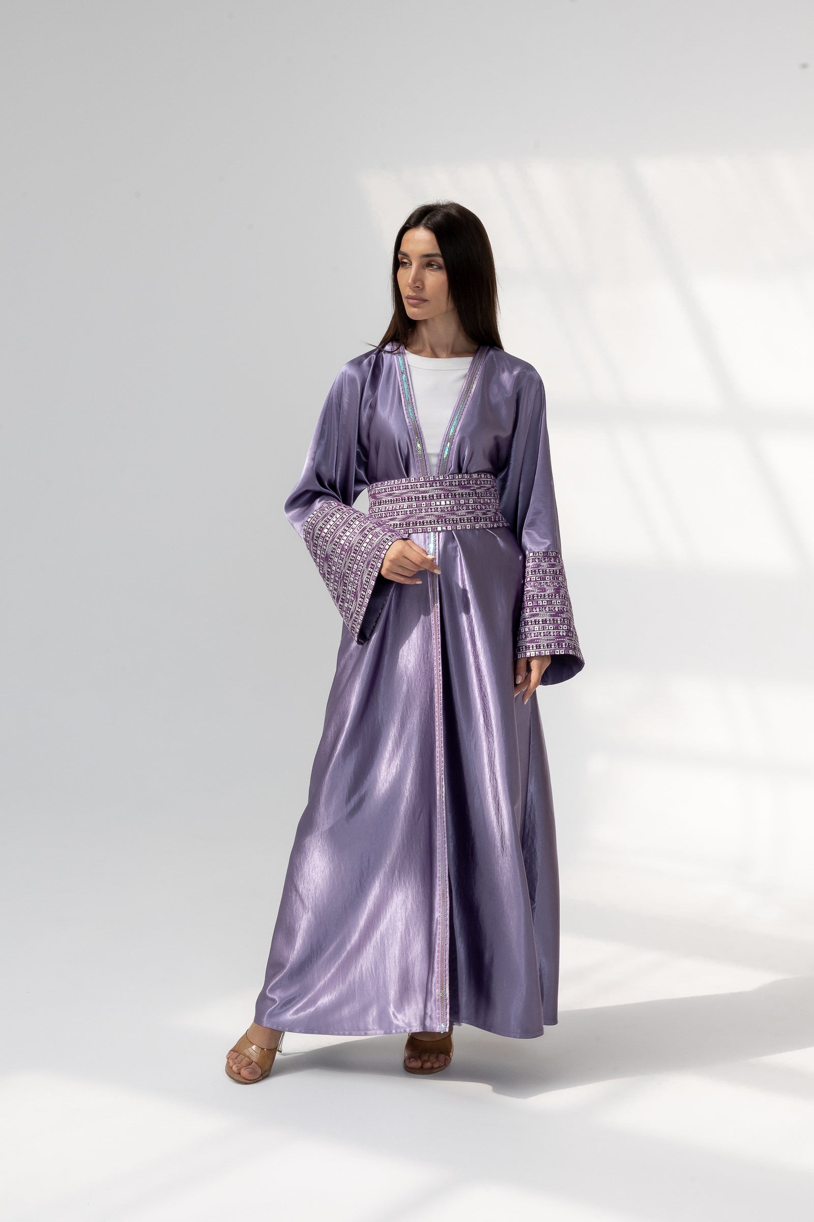 Lilac Satin Abaya with Embroidery