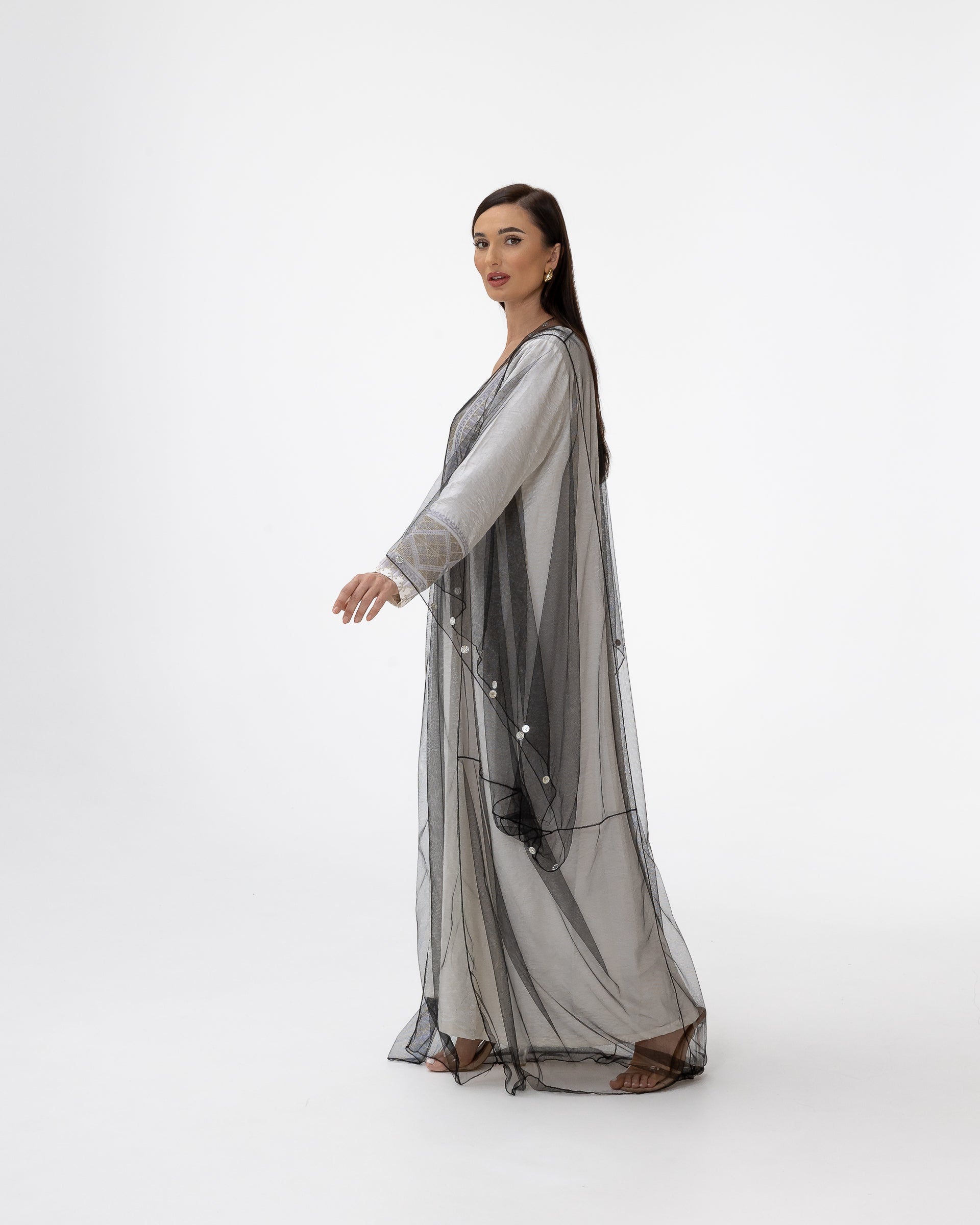 Ivory Kaftan with Sheer Overlay and Coins Details