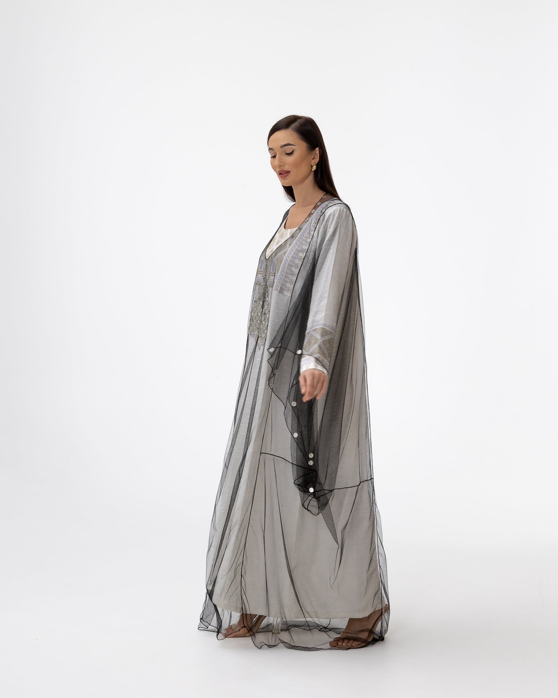 Ivory Kaftan with Sheer Overlay and Coins Details