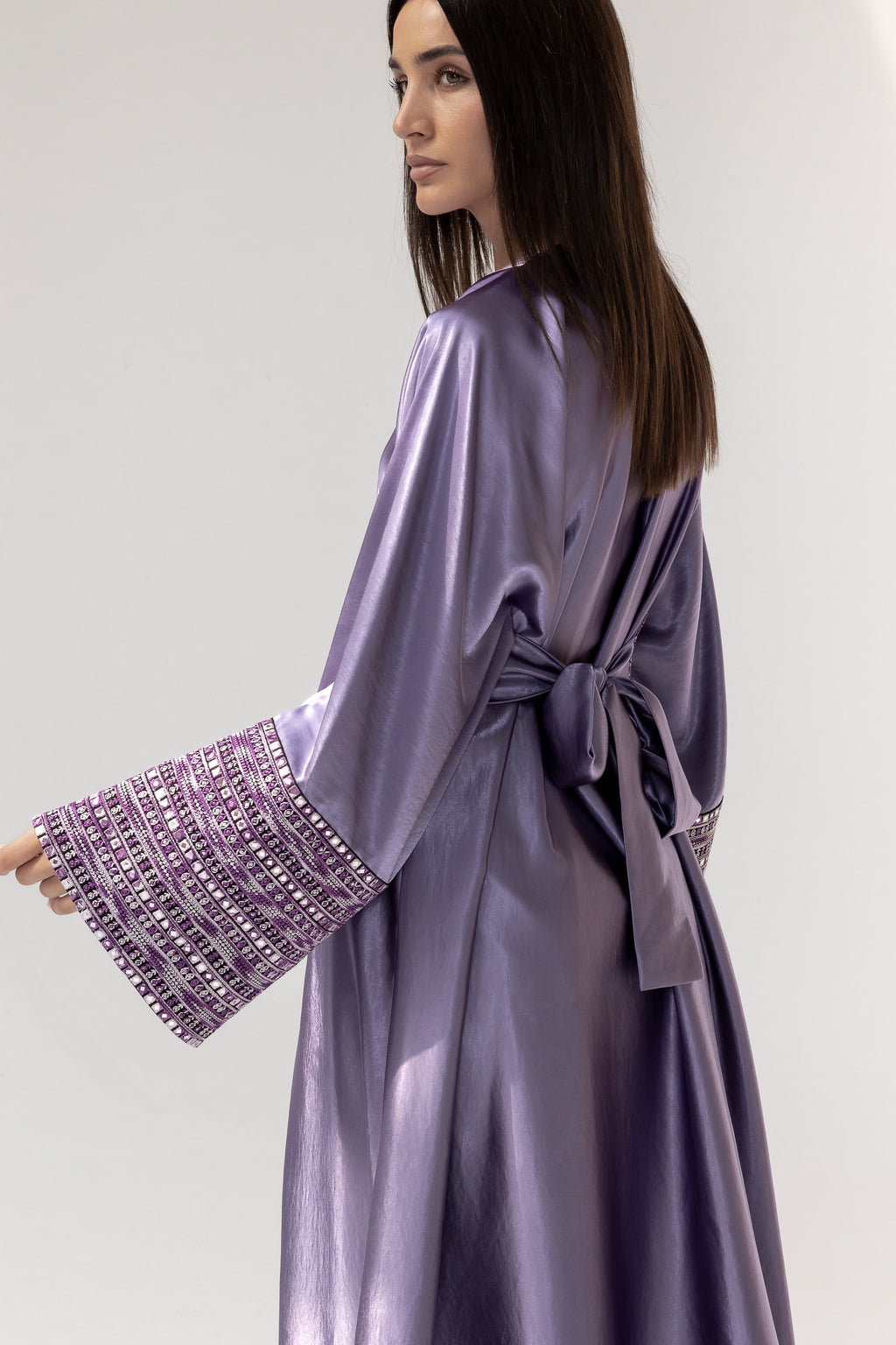 Lilac Satin Abaya with Embroidery