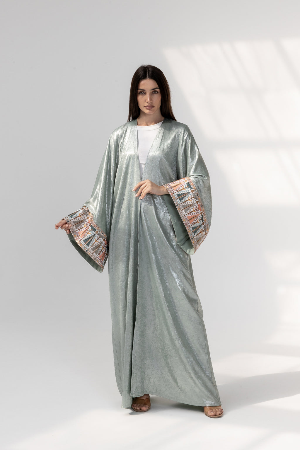 Mint Satin Abaya with Embroidery