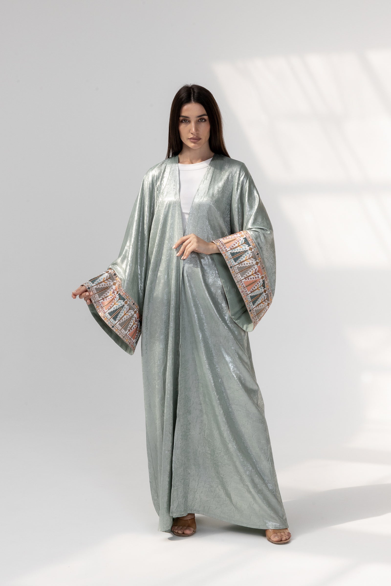 Mint Satin Abaya with Embroidery