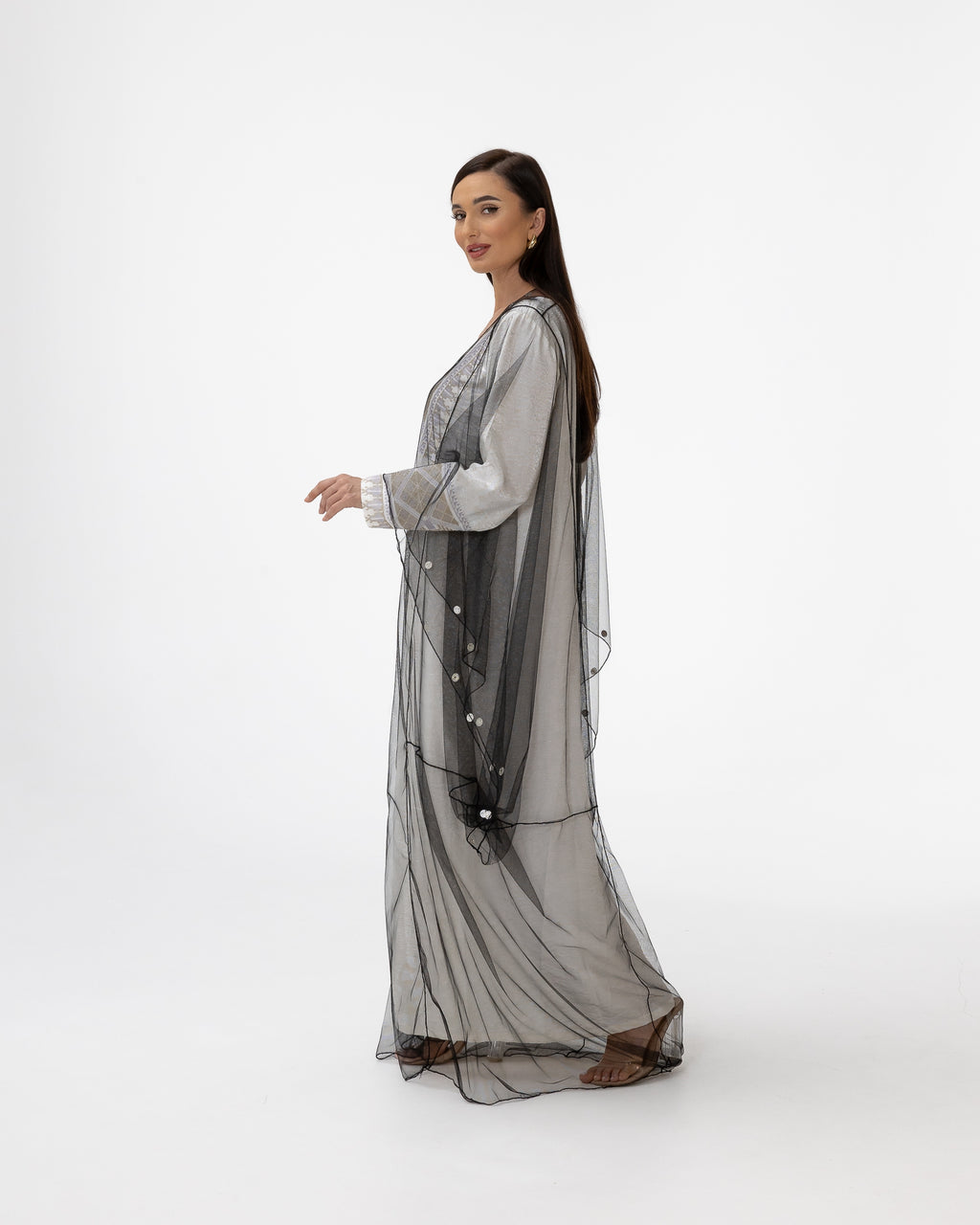 Ivory Kaftan with Sheer Overlay and Coins Details