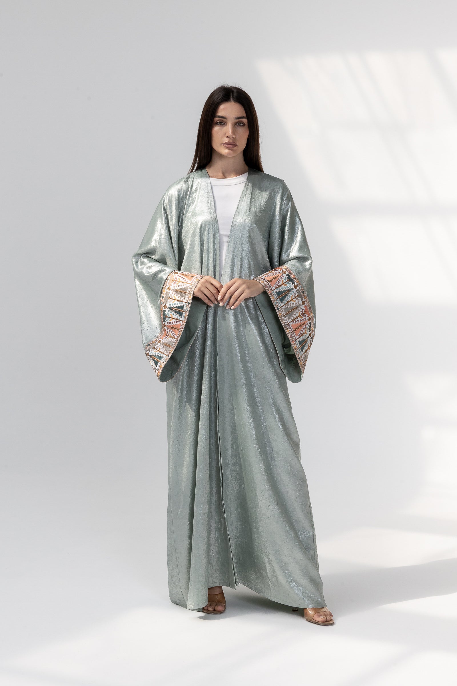 Mint Satin Abaya with Embroidery