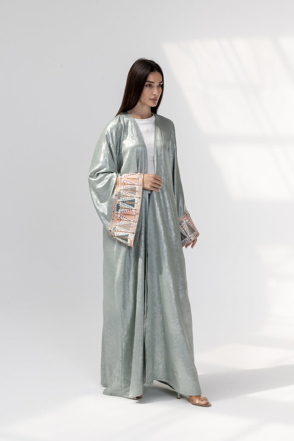 Mint Satin Abaya with Embroidery