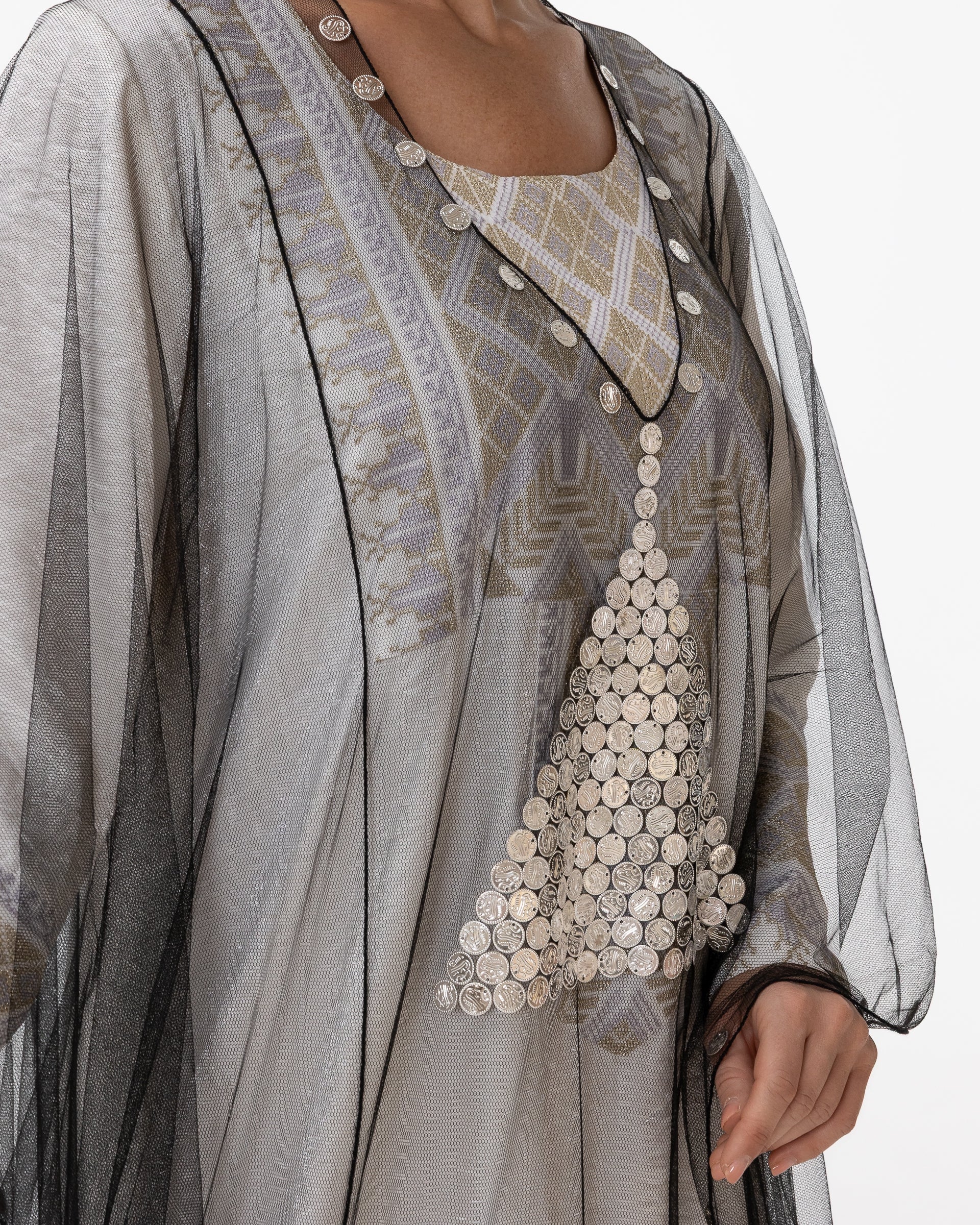 Ivory Kaftan with Sheer Overlay and Coins Details
