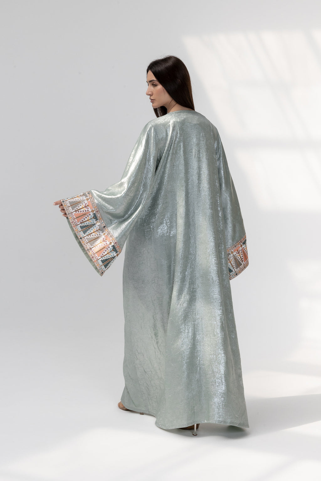 Mint Satin Abaya with Embroidery