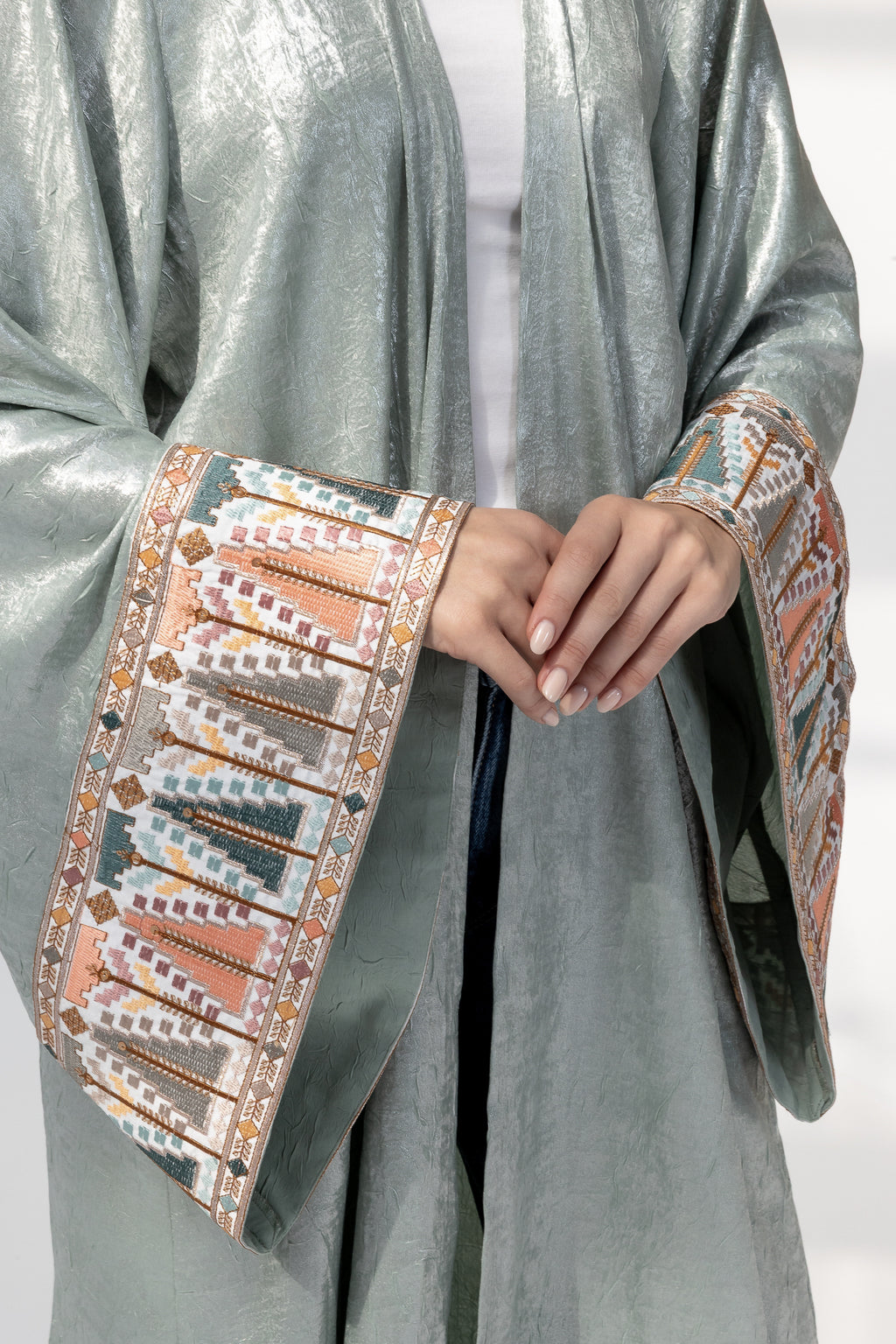 Mint Satin Abaya with Embroidery