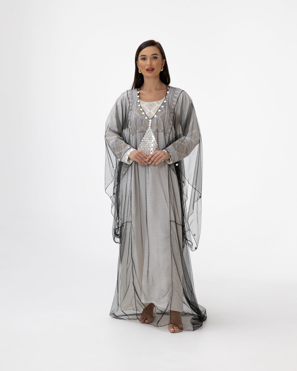 Ivory Kaftan with Sheer Overlay and Coins Details