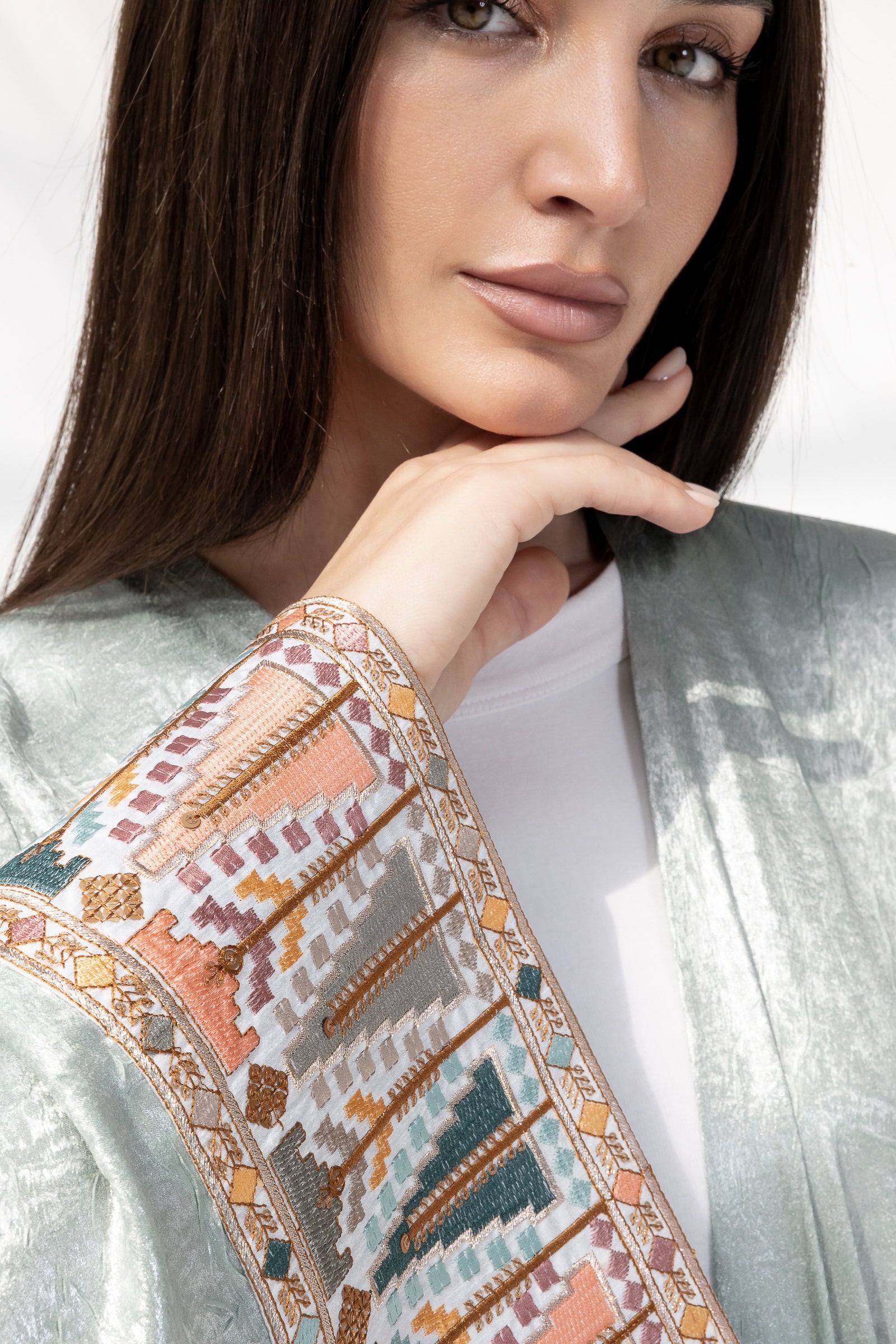 Mint Satin Abaya with Embroidery