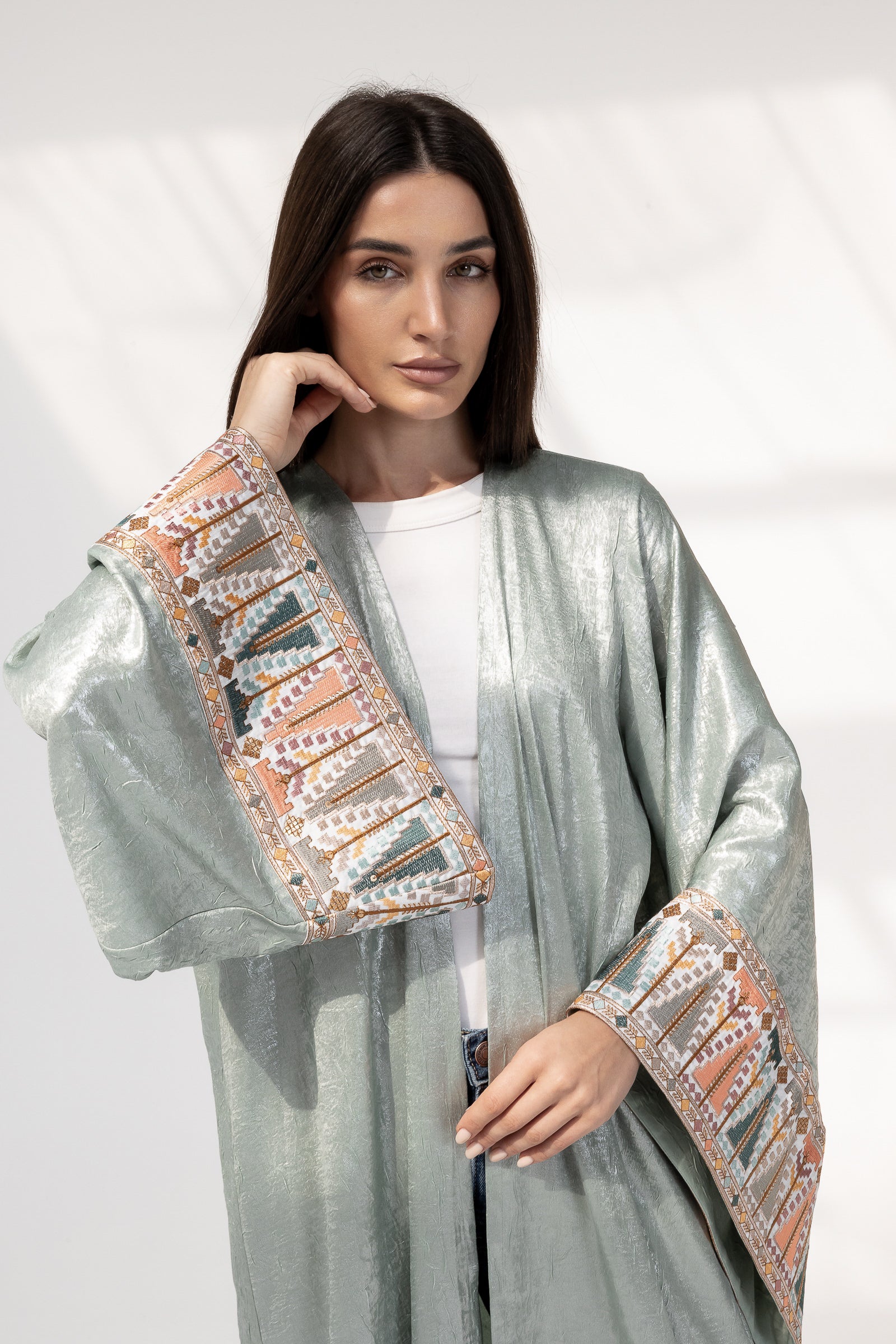 Mint Satin Abaya with Embroidery