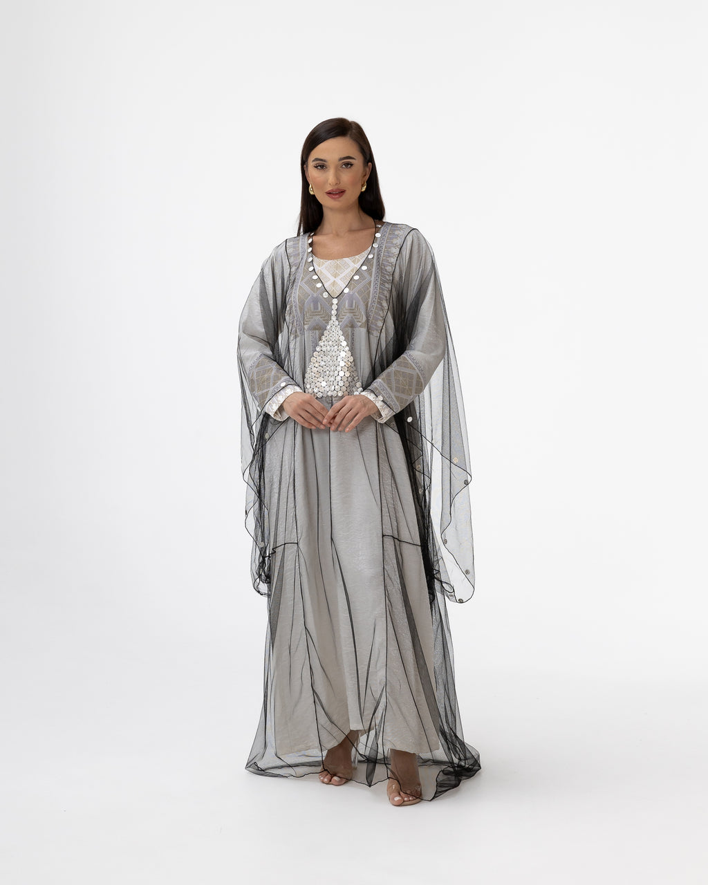Ivory Kaftan with Sheer Overlay and Coins Details