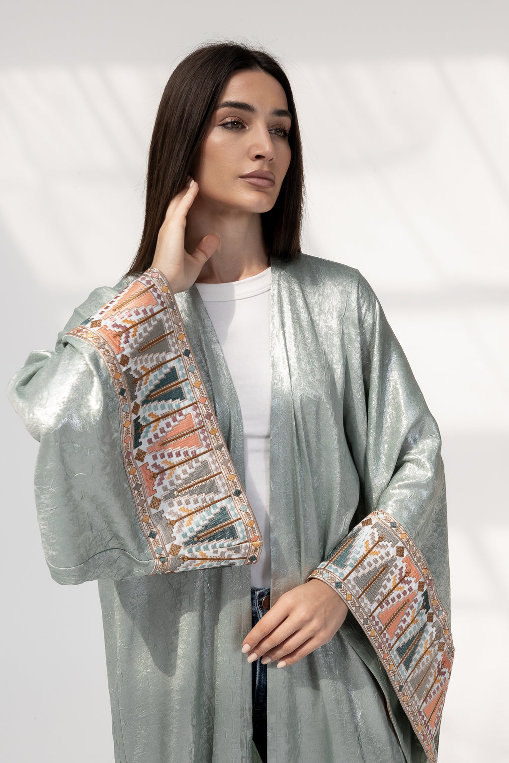 Mint Satin Abaya with Embroidery