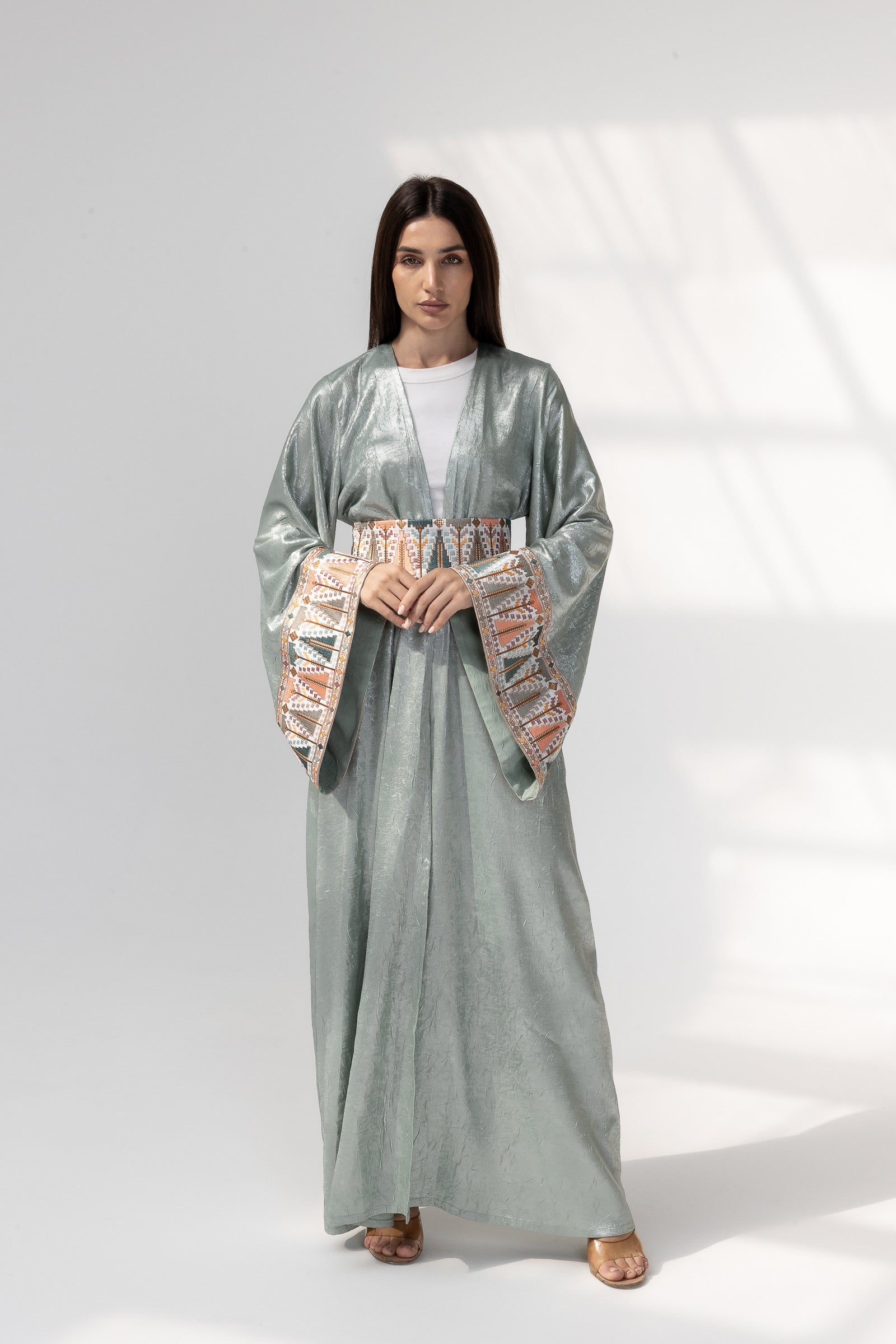 Mint Satin Abaya with Embroidery