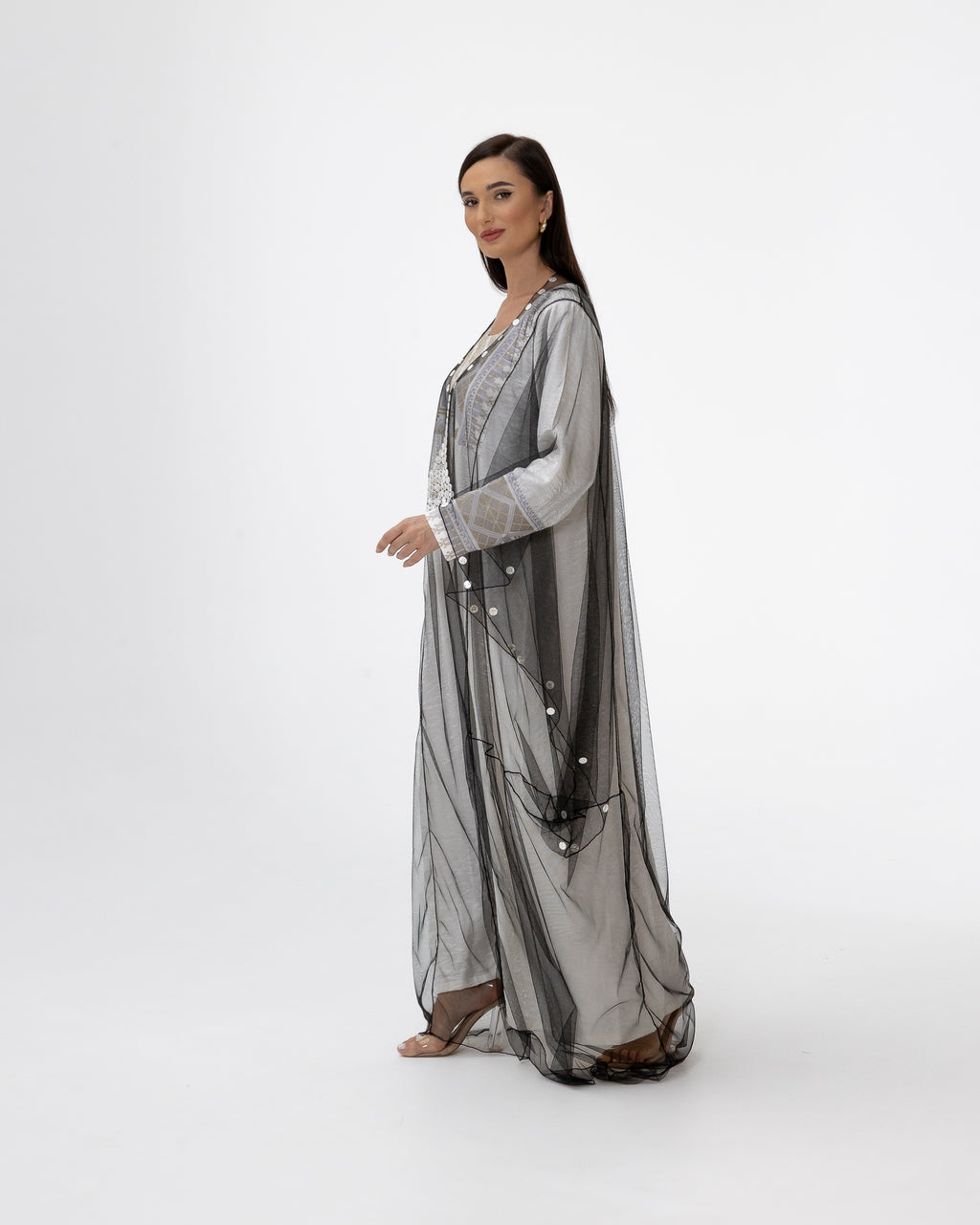 Ivory Kaftan with Sheer Overlay and Coins Details