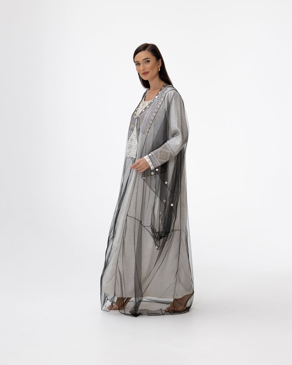 Ivory Kaftan with Sheer Overlay and Coins Details