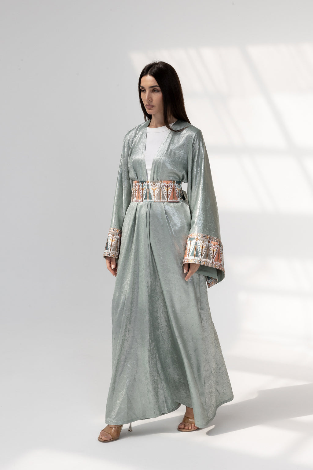 Mint Satin Abaya with Embroidery