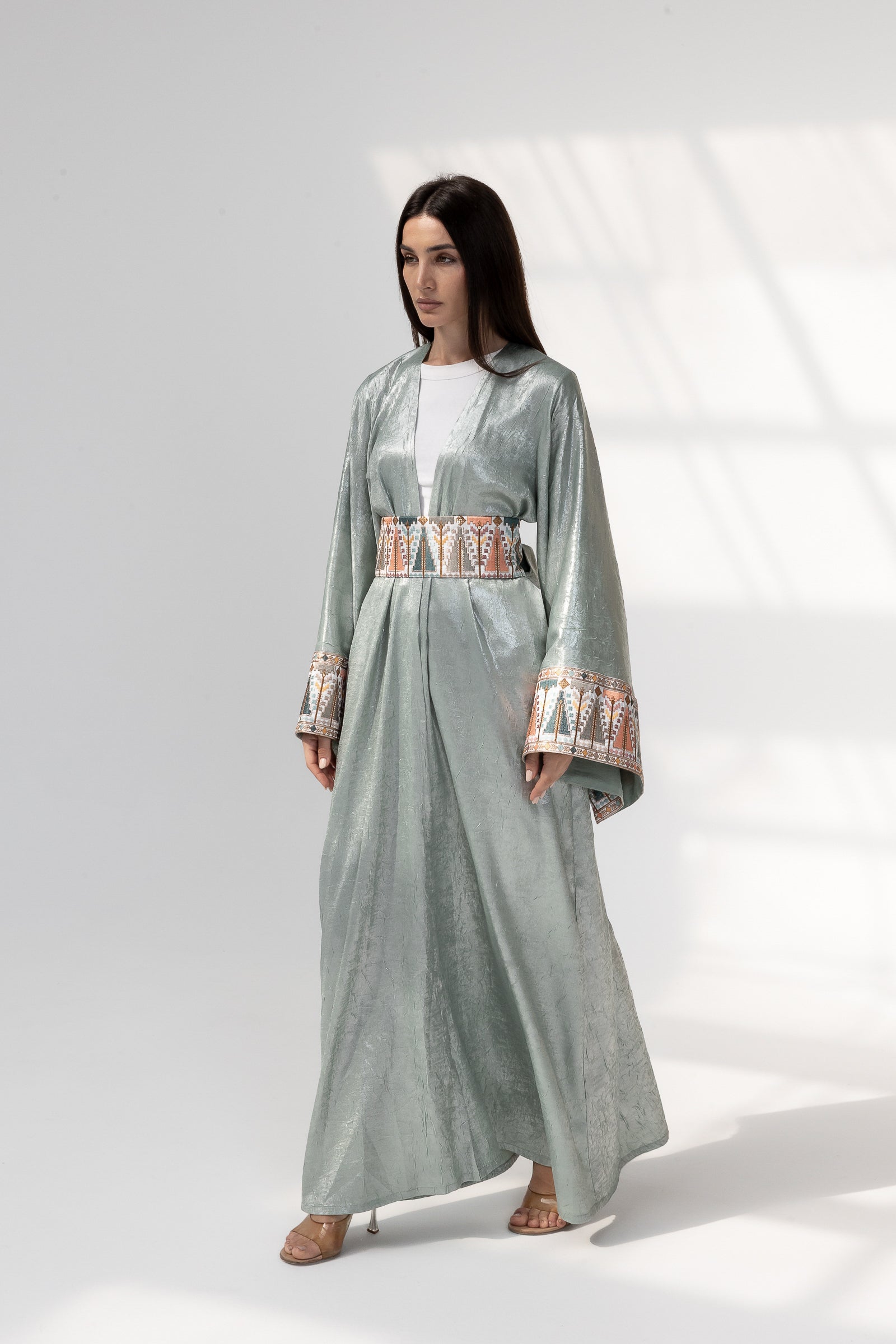 Mint Satin Abaya with Embroidery