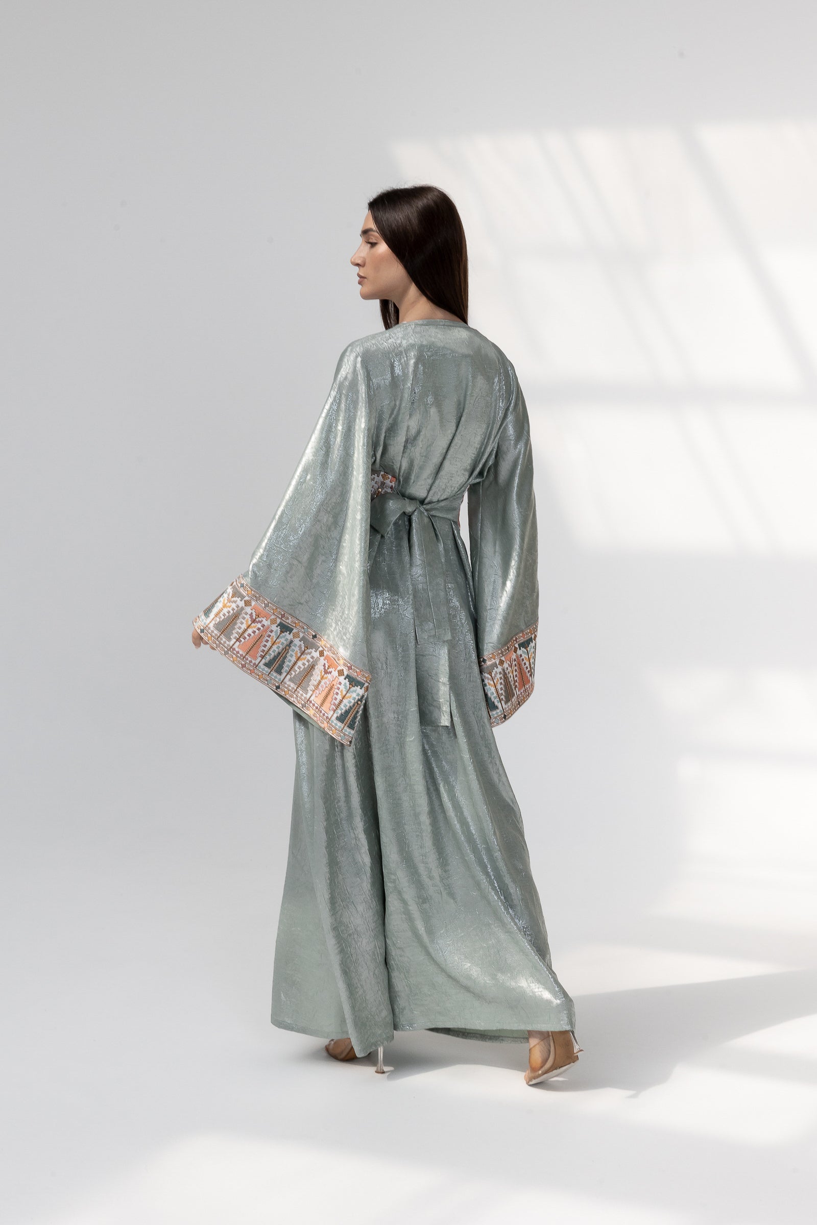 Mint Satin Abaya with Embroidery