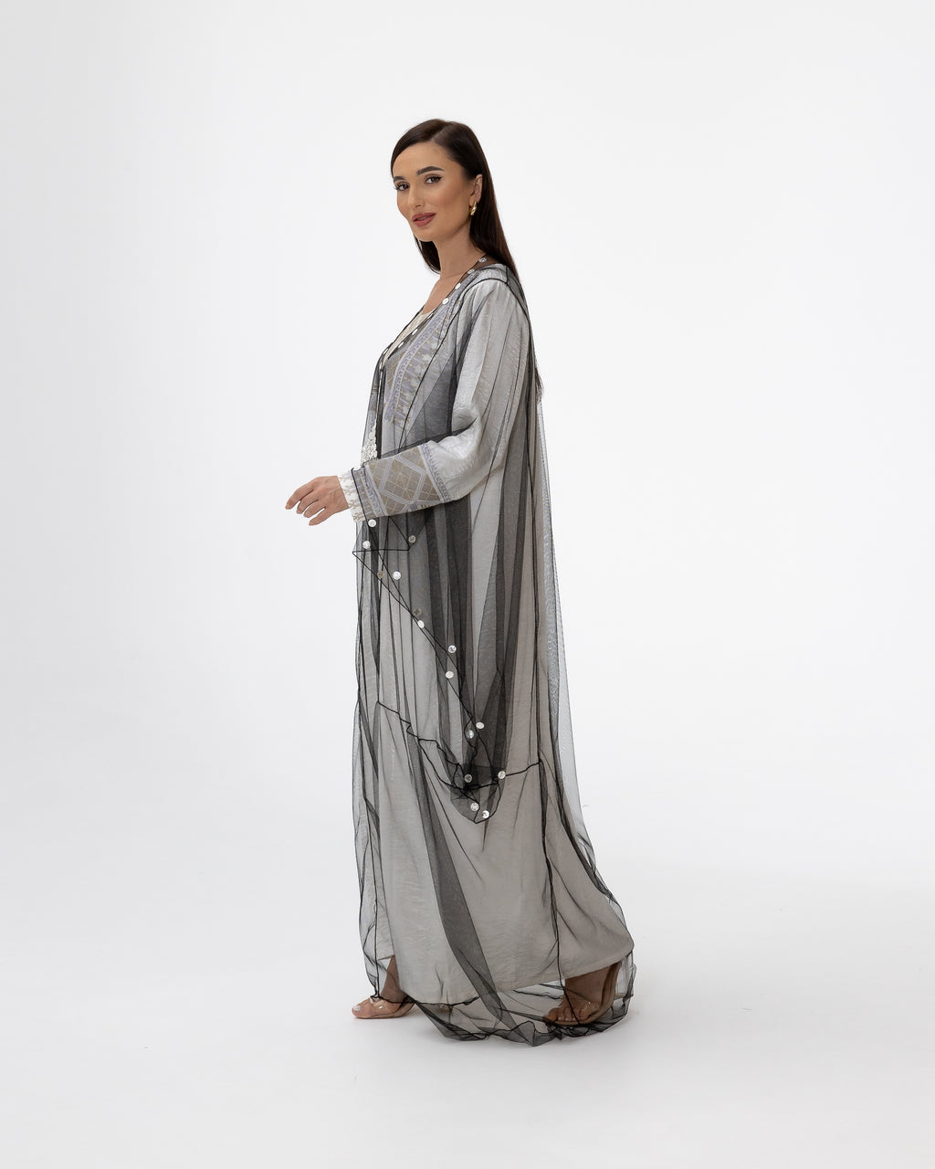 Ivory Kaftan with Sheer Overlay and Coins Details