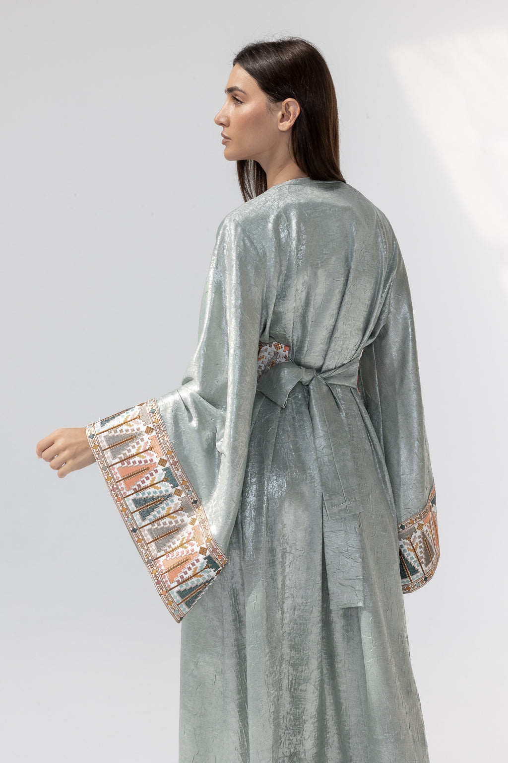 Mint Satin Abaya with Embroidery