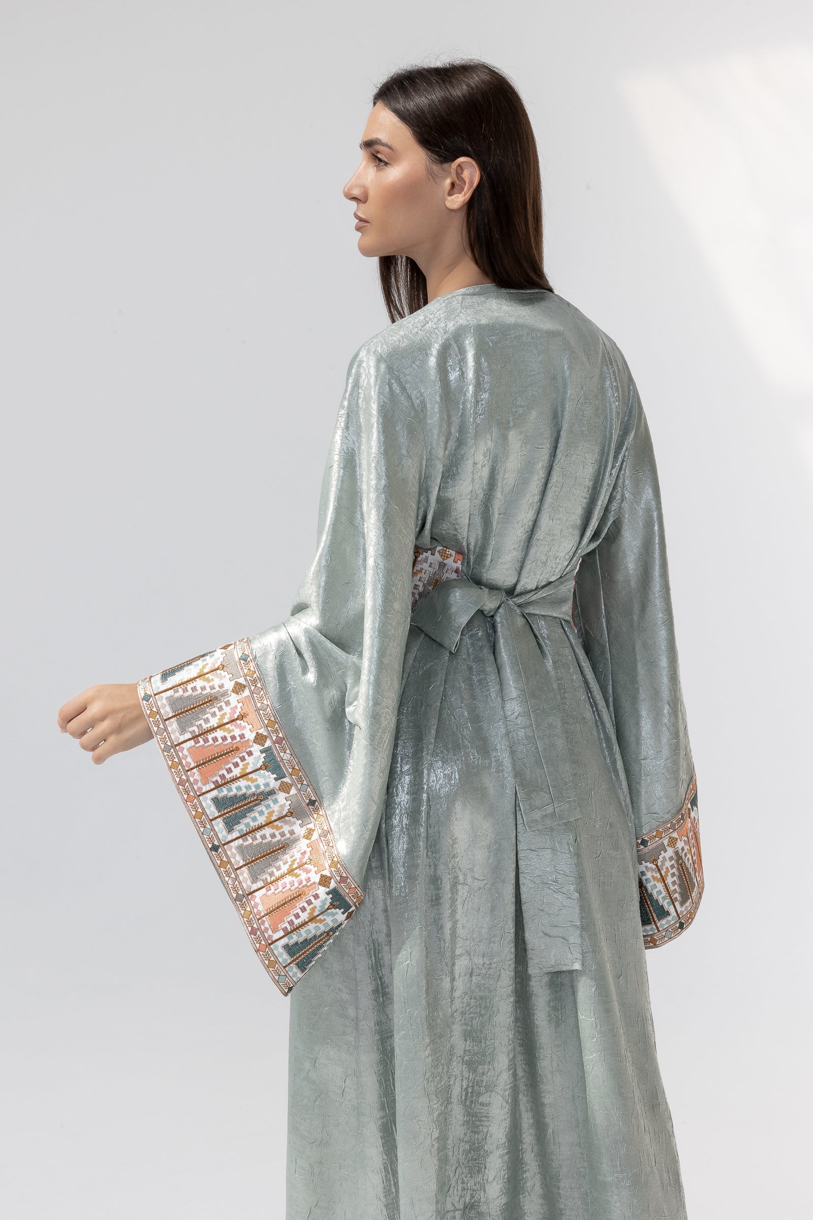 Mint Satin Abaya with Embroidery
