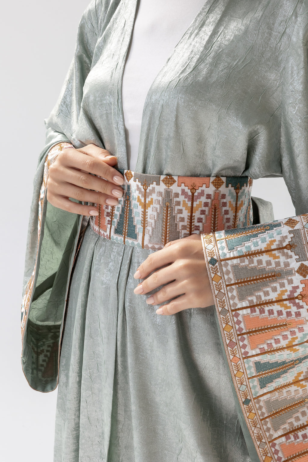 Mint Satin Abaya with Embroidery