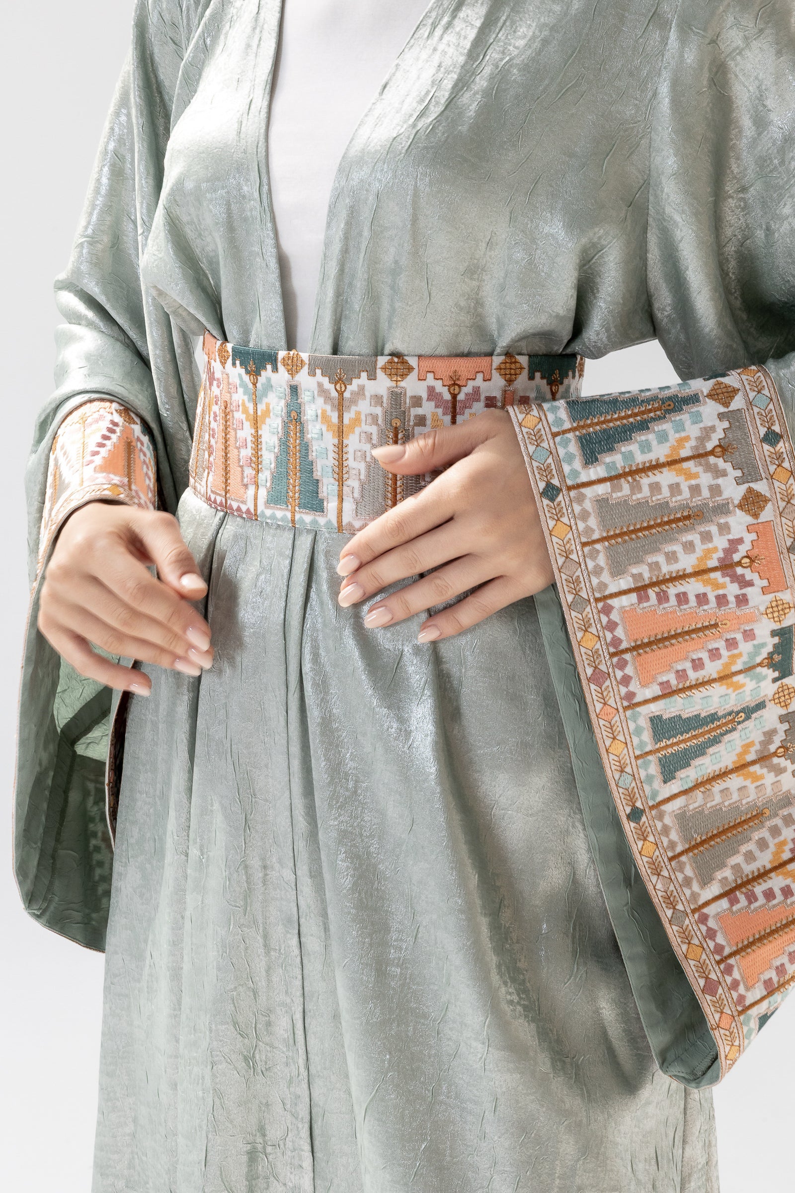 Mint Satin Abaya with Embroidery