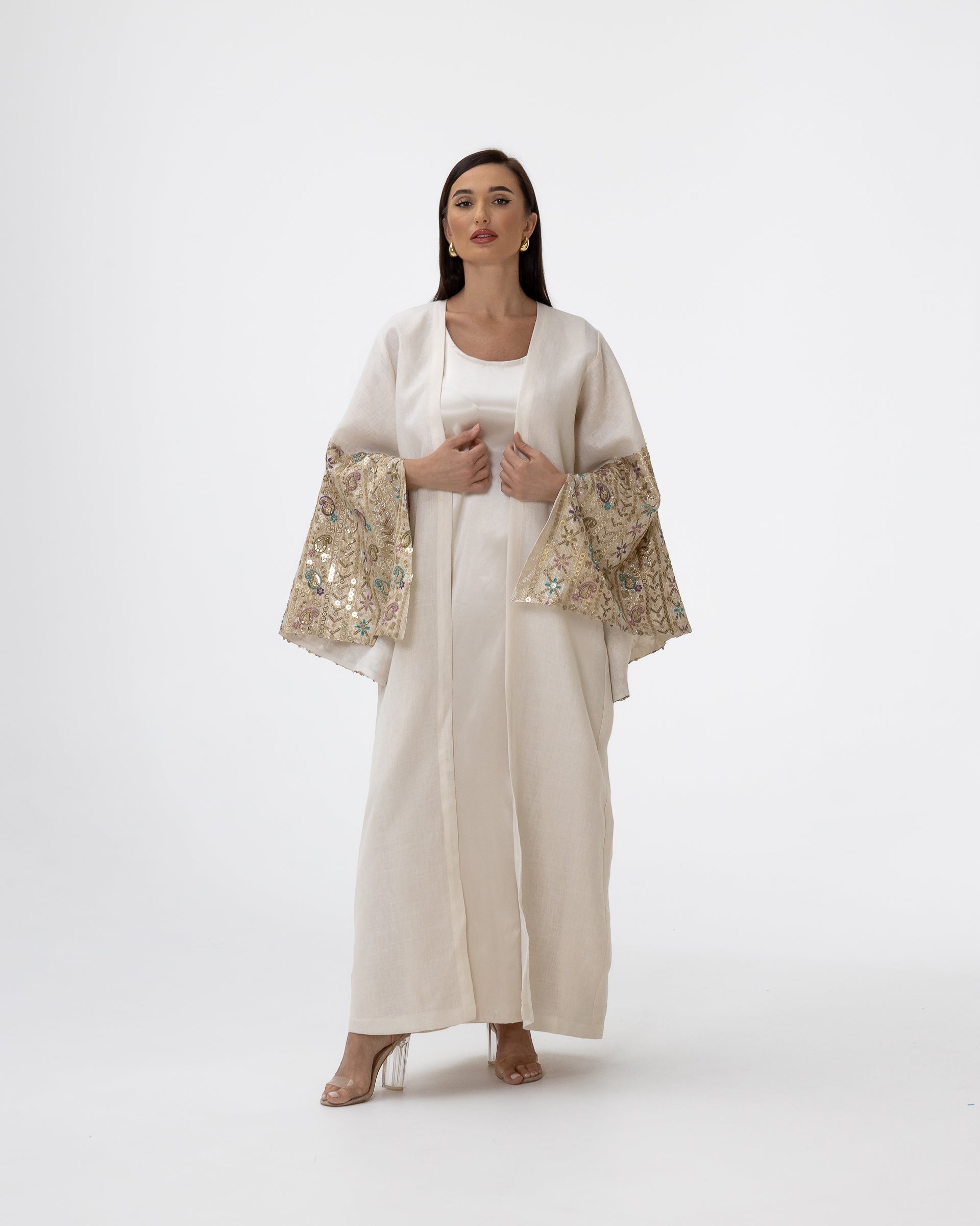 Ivory Abaya with Embroidered Sequin Sleeves