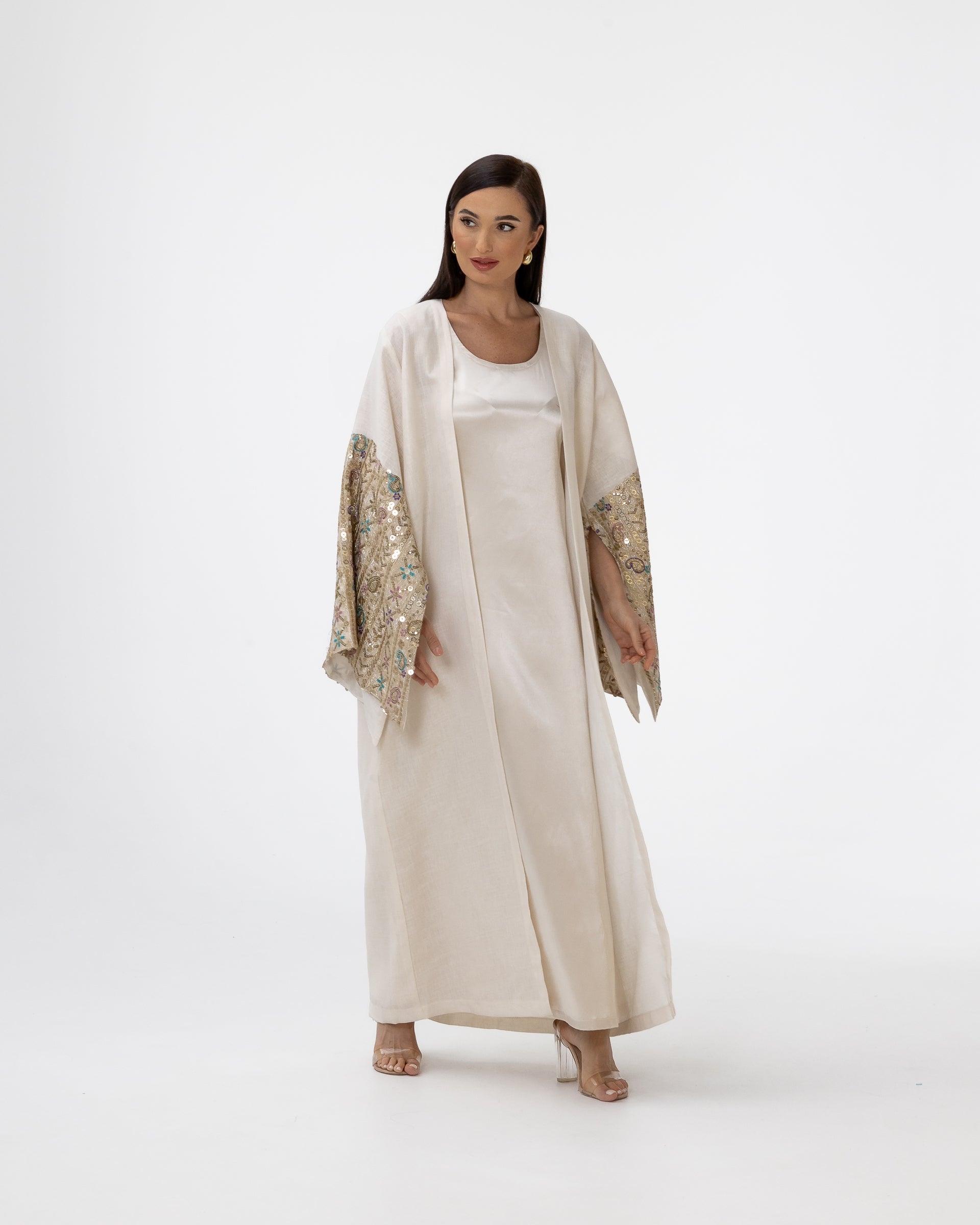 Ivory Abaya with Embroidered Sequin Sleeves